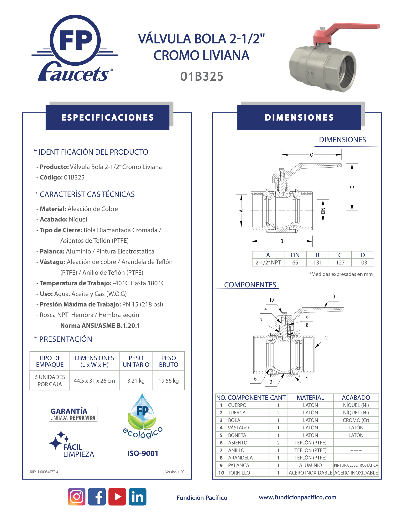 Válvula de bola de 2 pulgadas y media con rosca NPT para control de fluidos