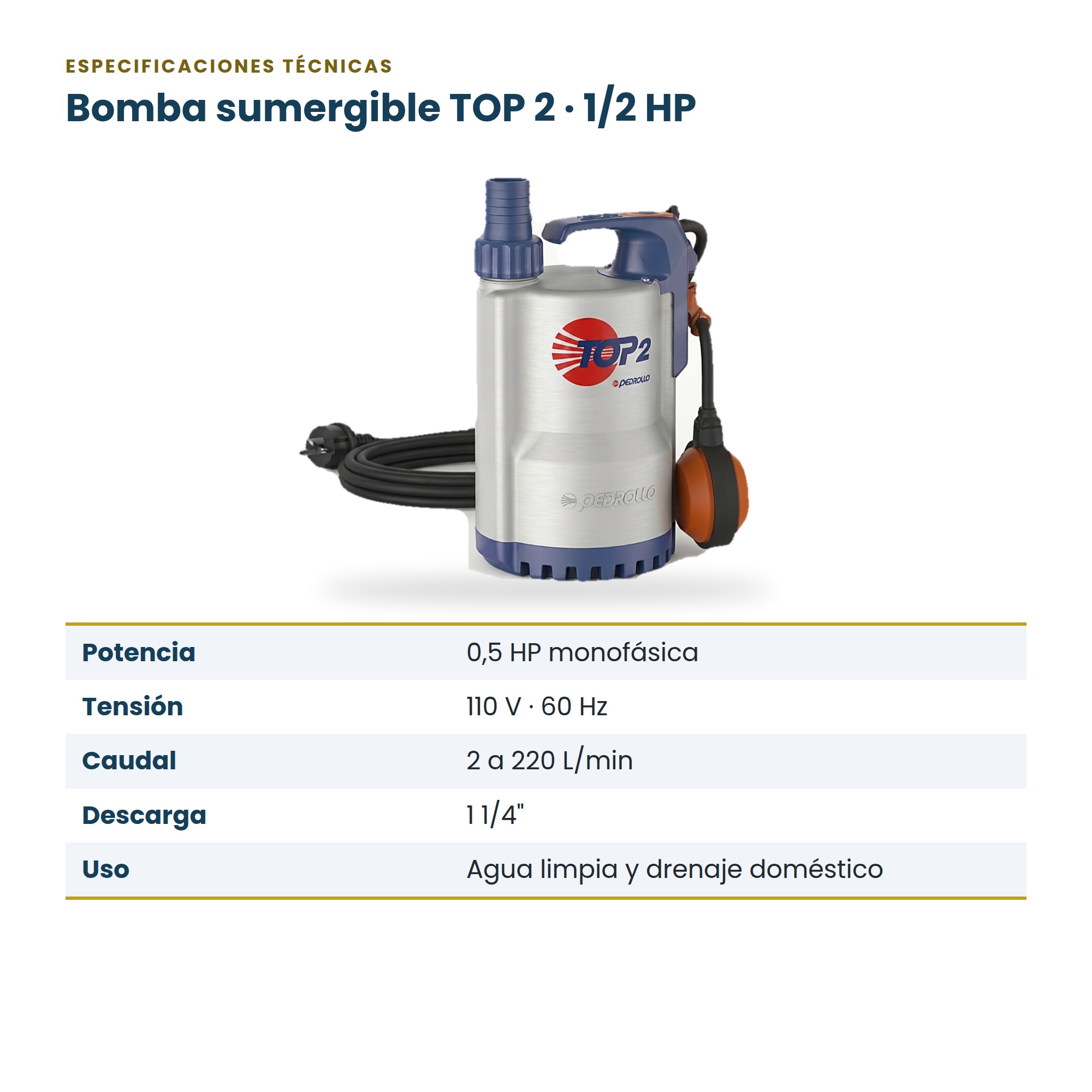 Bomba Sumergible Pedrollo TOP 2 de 1/2 HP para Agua Limpia y Drenaje Doméstico