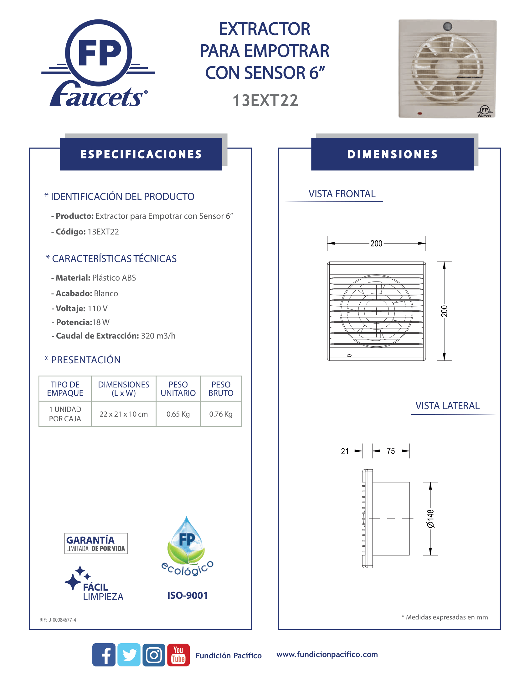 Extractor para Empotrar con Sensor 6 Pulgadas para Ventilación de Espacios