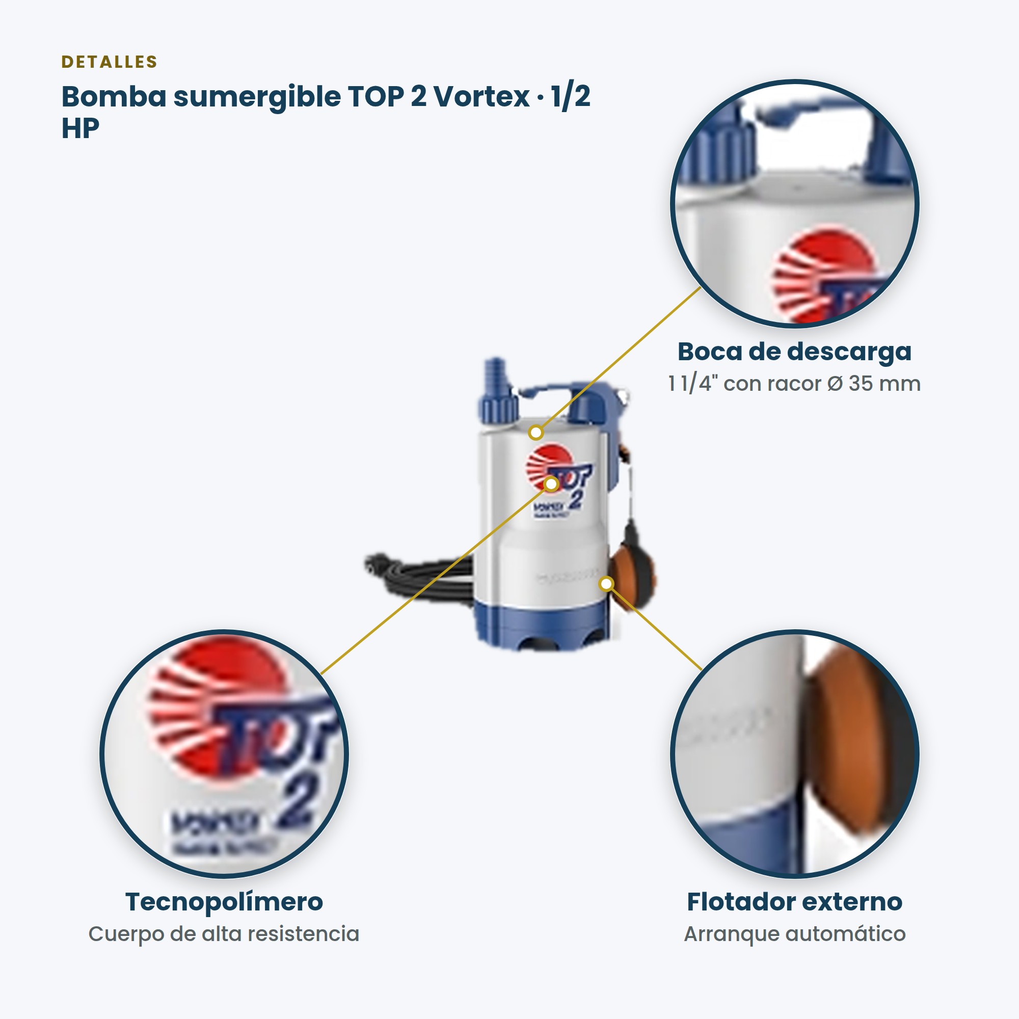 Bomba Sumergible TOP2 VTX (1/2HP) 110/60 Pedrollo para Agua Sucia y Desagüe