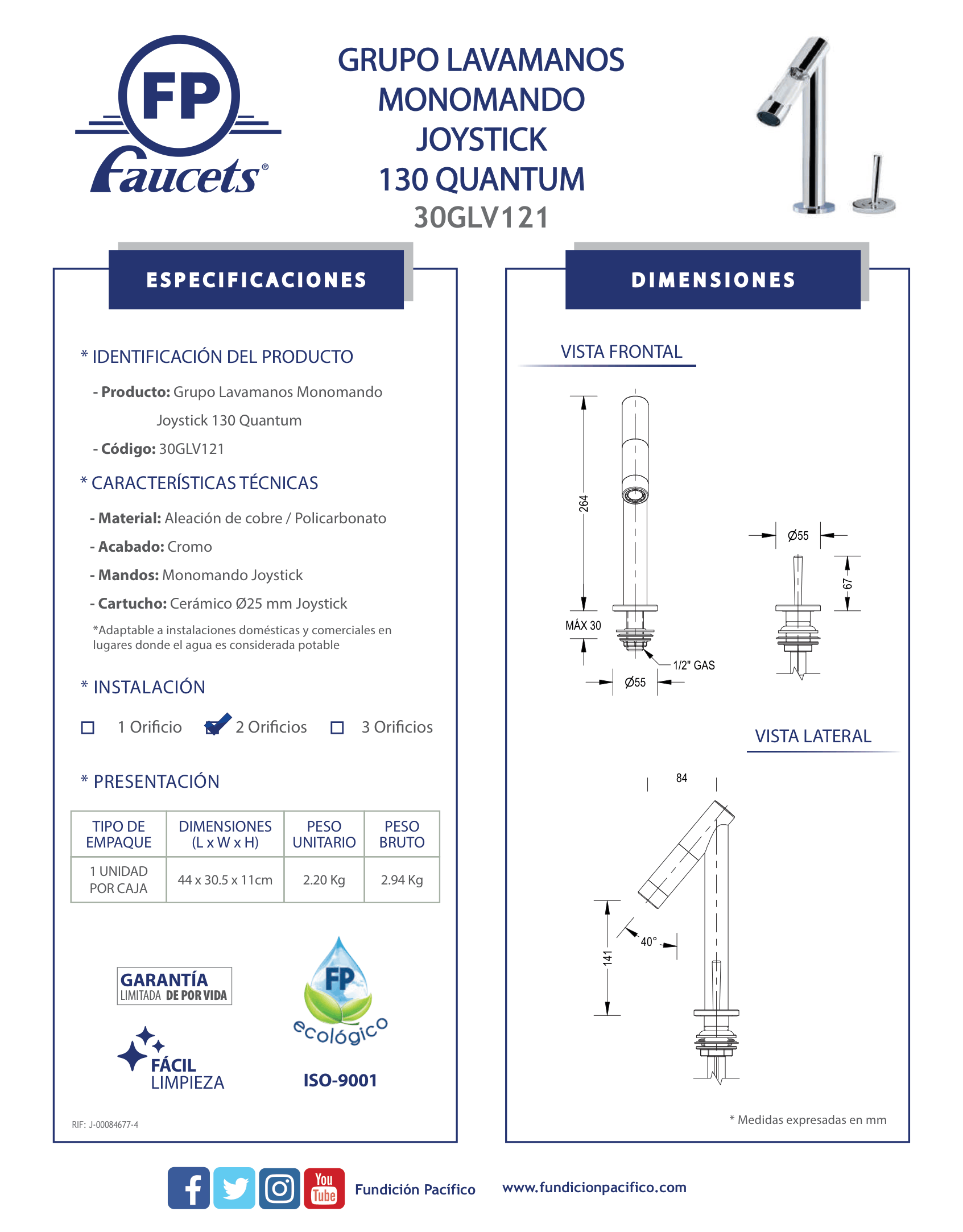 Grifo de lavamanos monomando joystick 130 Quantum, diseño moderno y elegante para tu baño.