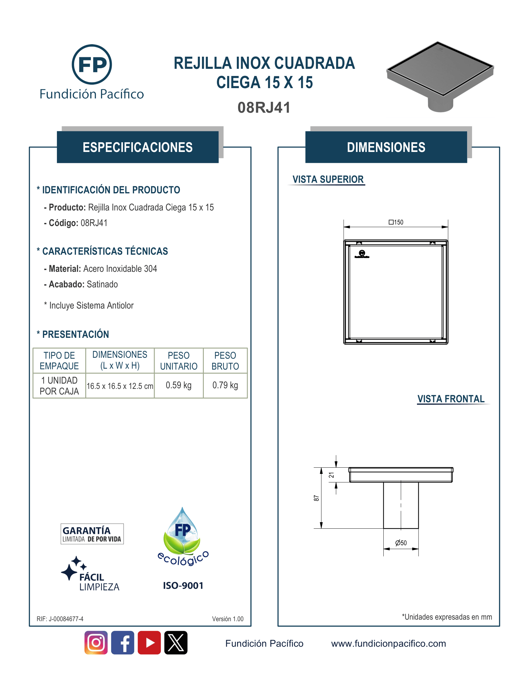 Rejilla de acero inoxidable cuadrada ciega de 15x15 para desagüe de pisos