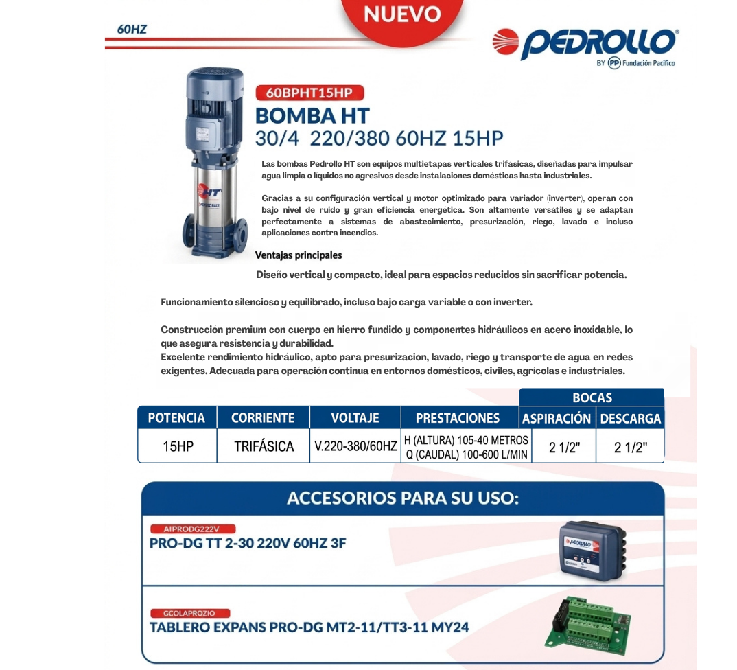Bomba de Agua Multietapa Vertical Pedrollo HT 15HP: Potencia y Eficiencia para Presurización e Industria