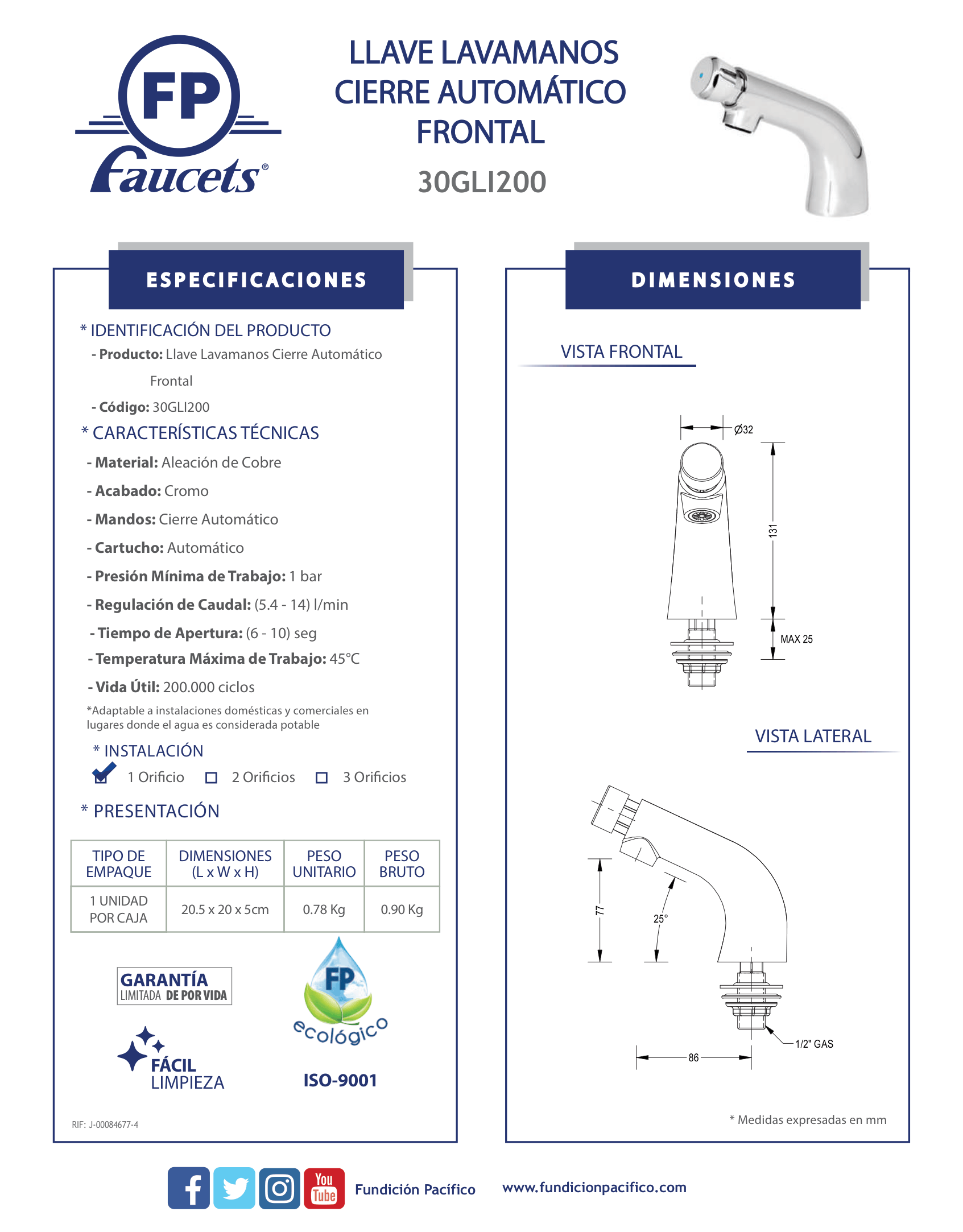 Llave de lavamanos con cierre automático y temporizador para ahorro de agua