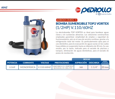 Bomba Sumergible TOP2 VTX (1/2HP) 110/60 Pedrollo para Agua Sucia y Desagüe