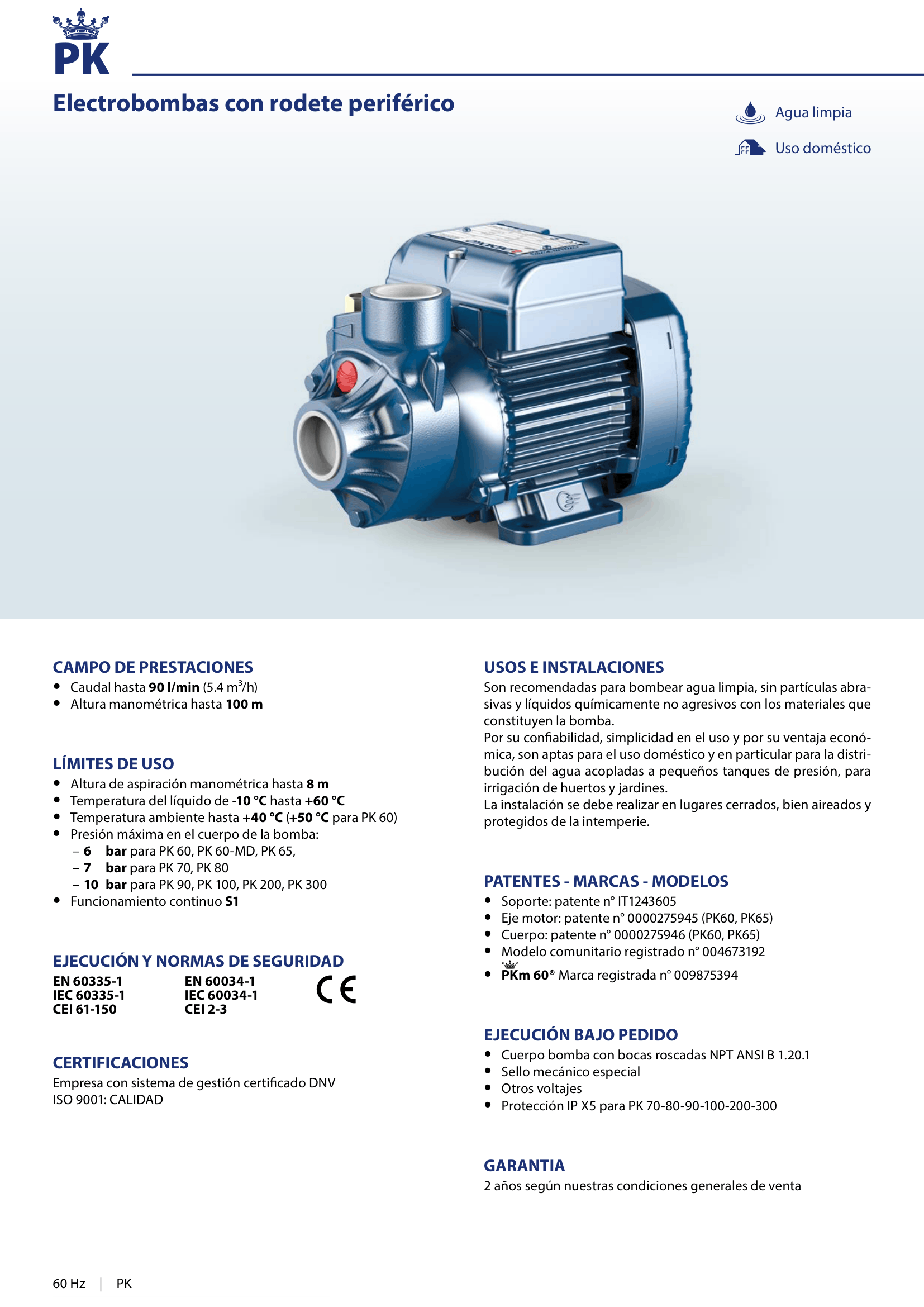 Bomba de Agua Doméstica Pedrollo PKm 60 de 1/2 HP (110V)