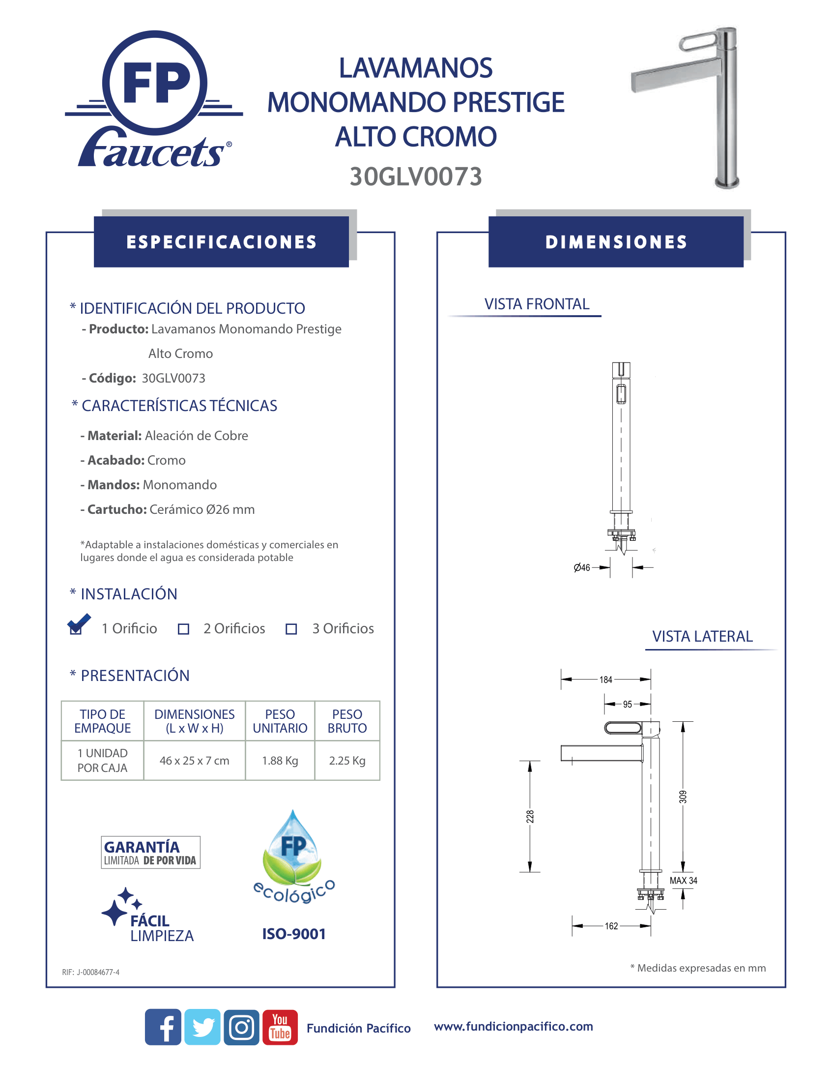 Llave monomando alta para lavamanos en acabado cromo brillante