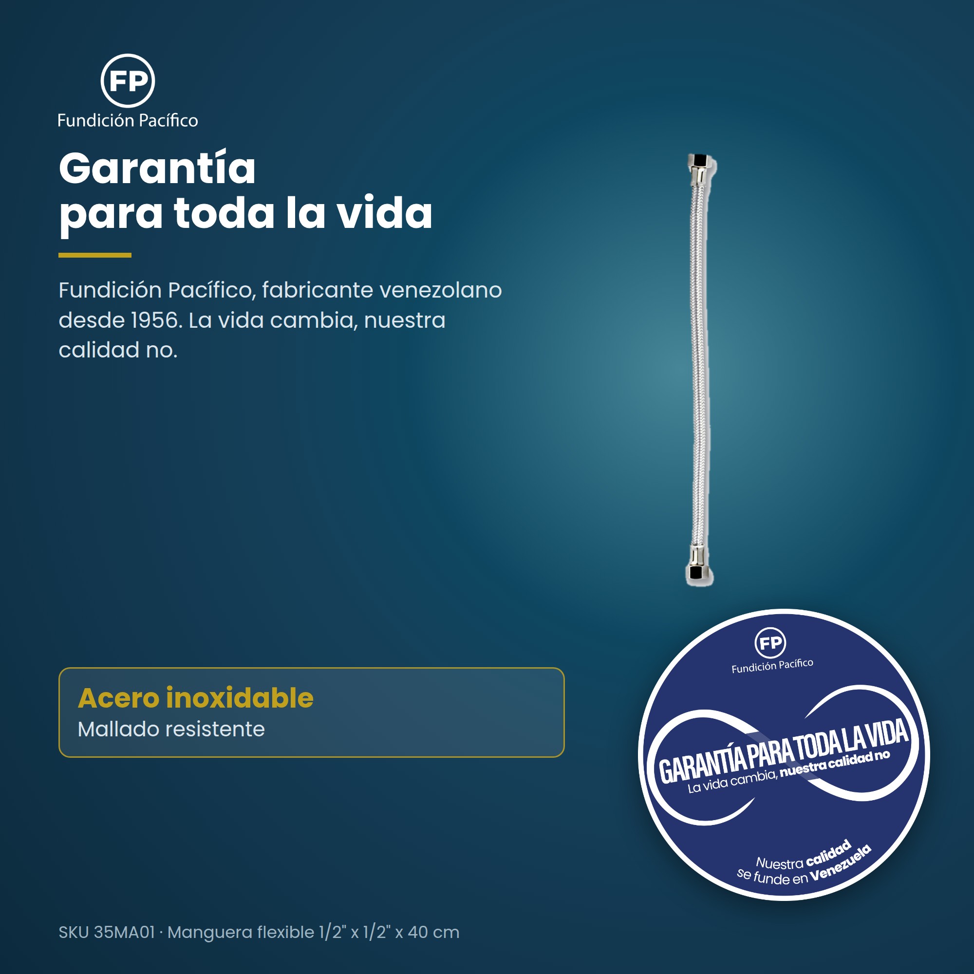 Manguera de Acero Inoxidable para Agua de 40 cm y Conexiones de 1/2 Pulgada