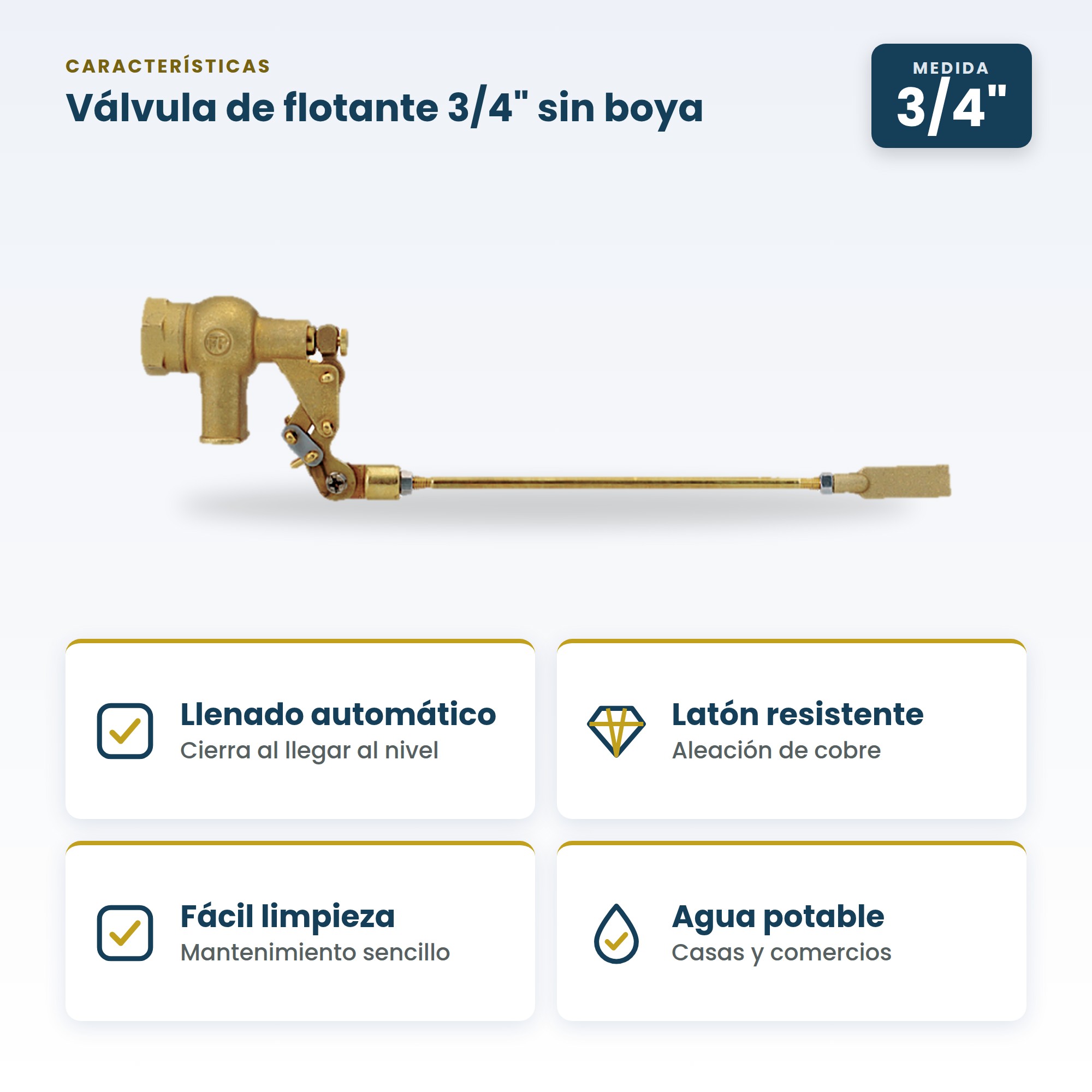 Válvula de flotante de 3/4 de pulgada para tanque sin boya de aleación de cobre y latón