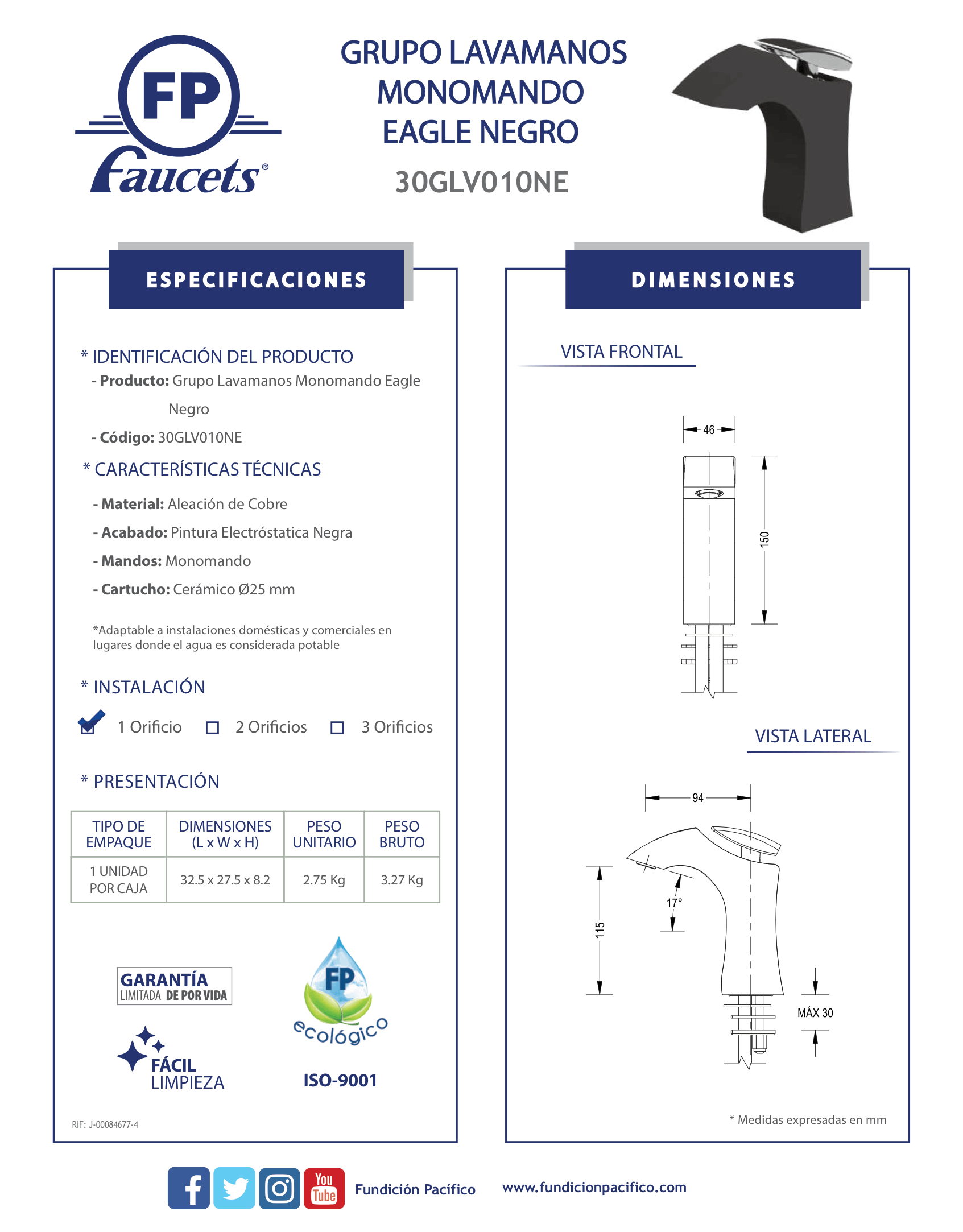 Lavamanos monomando Eagle en acabado negro mate, sofisticación y durabilidad para tu baño