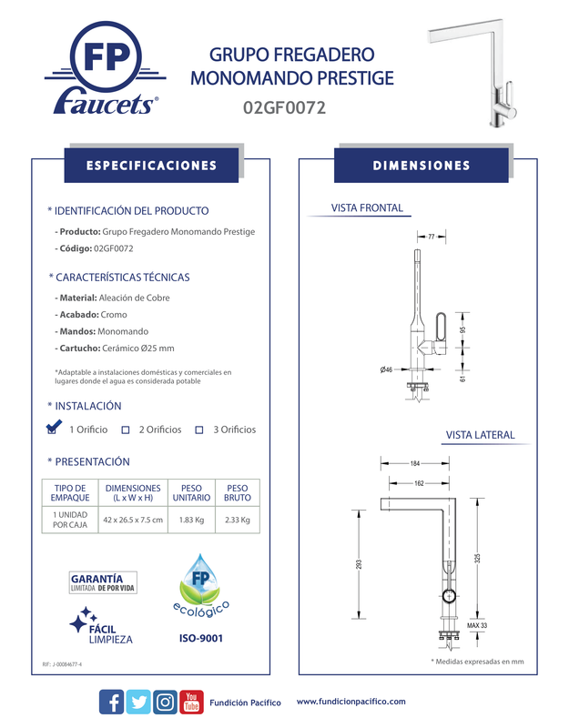 Grupo fregadero monomando Prestige en acabado cromo, diseño clásico y alta resistencia