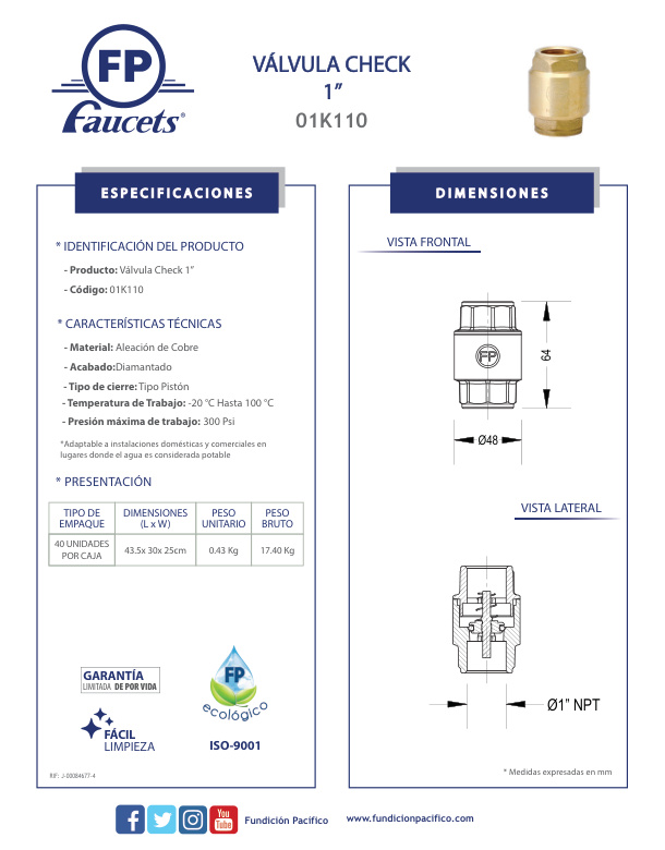 VALVULA CHECK 1'' C/M PEQ.