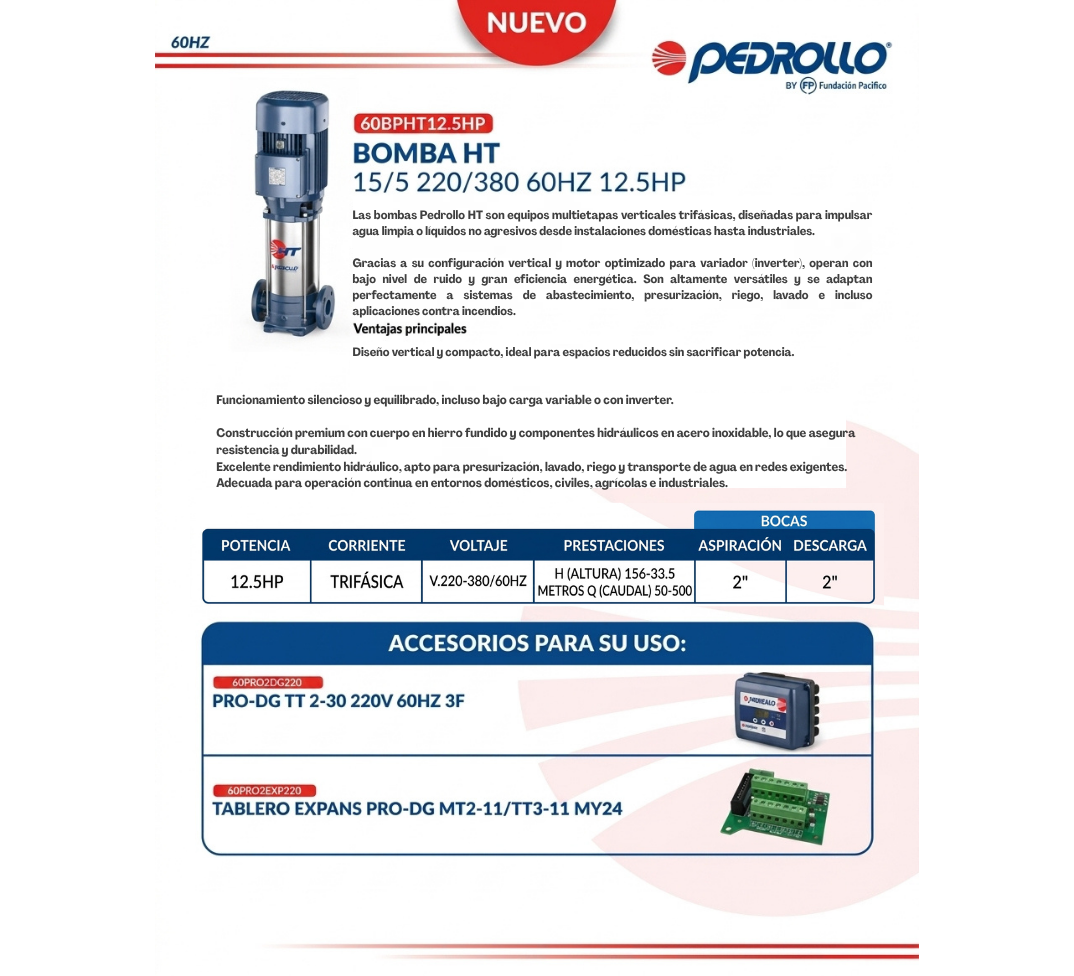 Bomba de Agua Multiapas Vertical Pedrollo HT 12.5 HP Trifásica