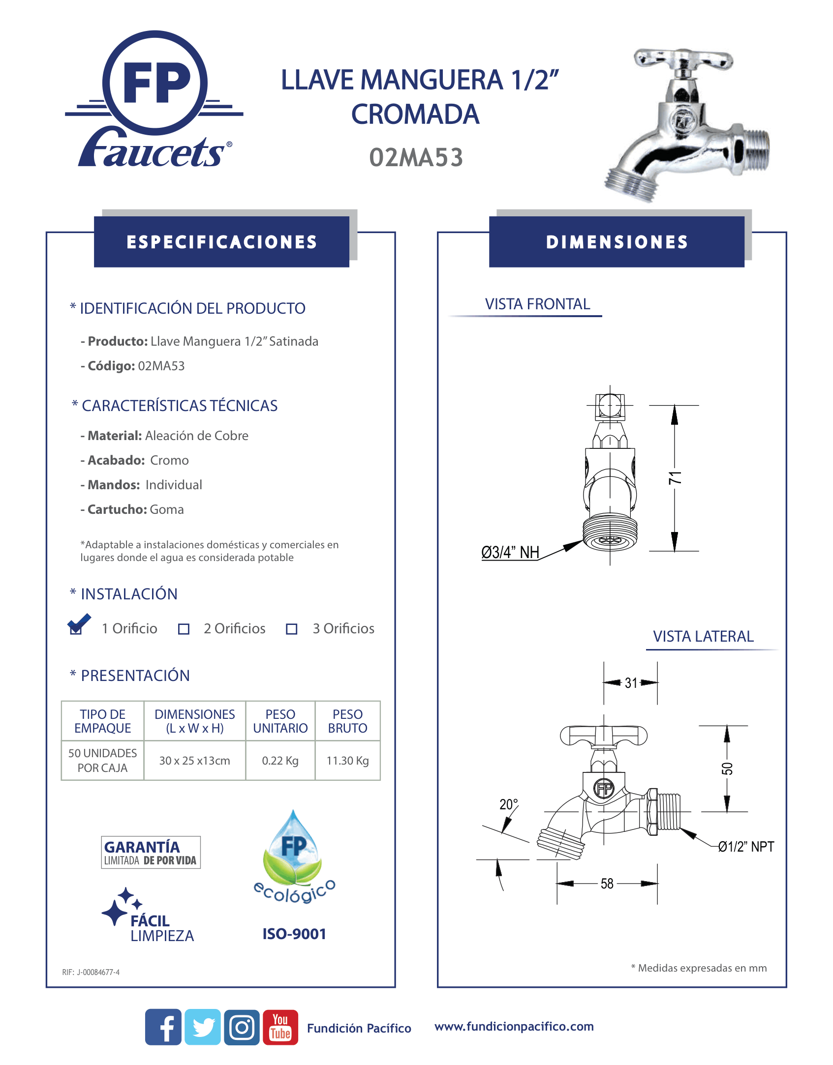 Llave para Manguera de 1/2 Pulgadas en Acabado Satinado