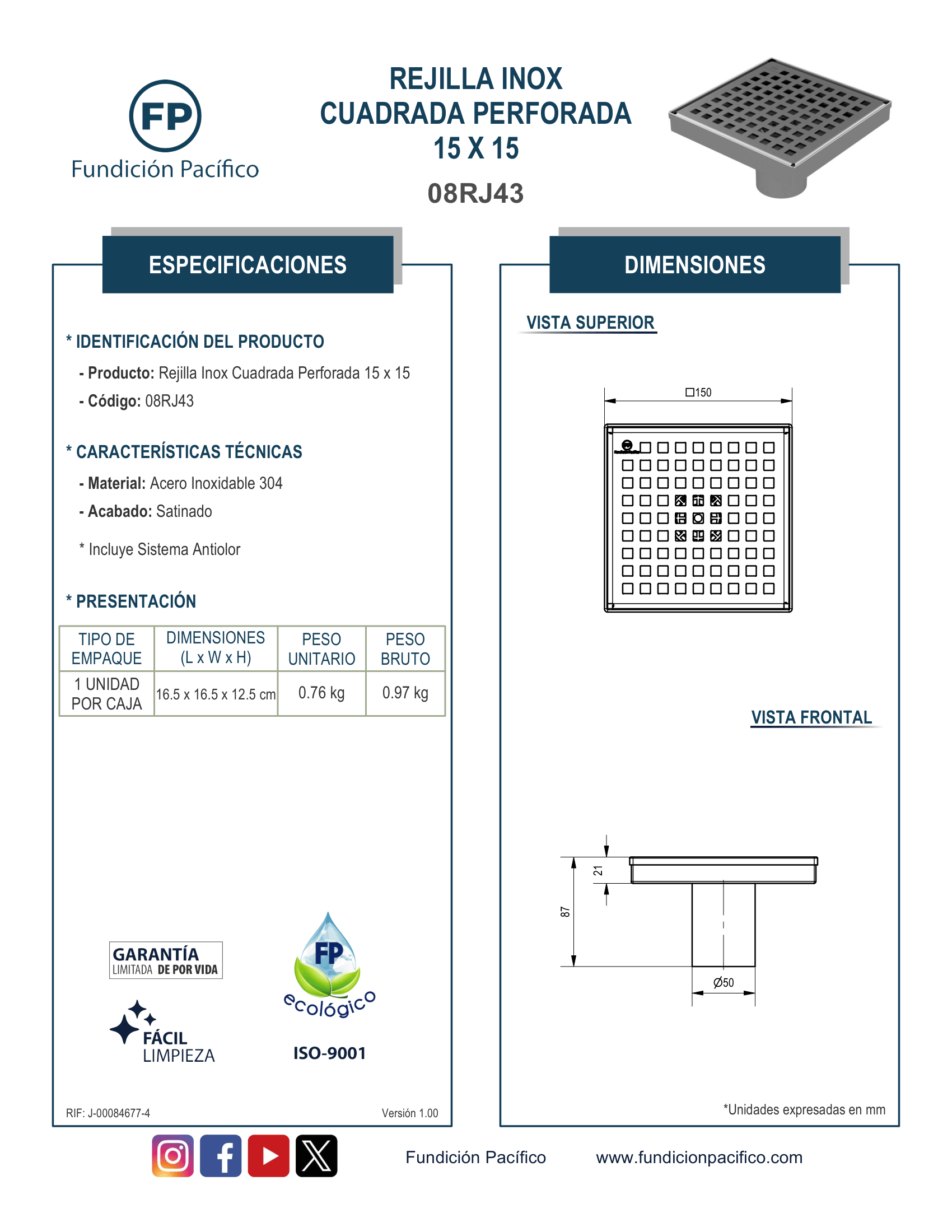 Rejilla Inox Cuadrada Perforada de 15x15 para Drenaje de Pisos