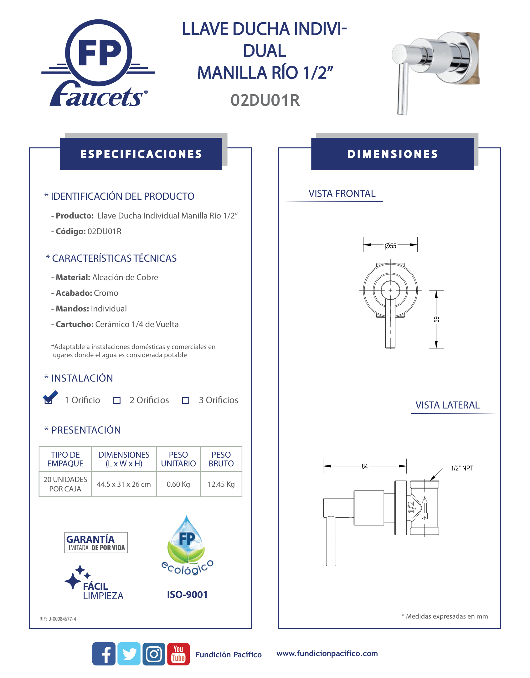 Llave Ducha Individual Manilla Río 1/2 Pulgada para Baño