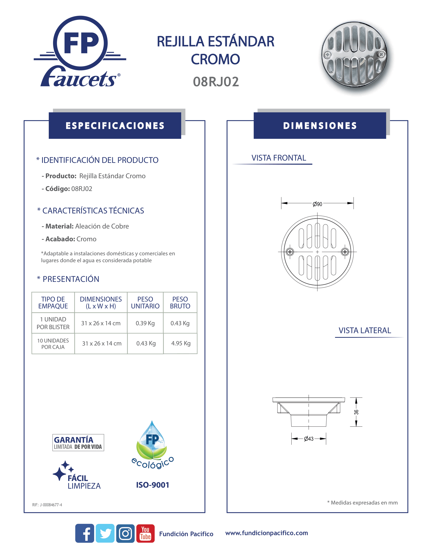 Rejilla Estándar Cromo para Desagüe de Pisos