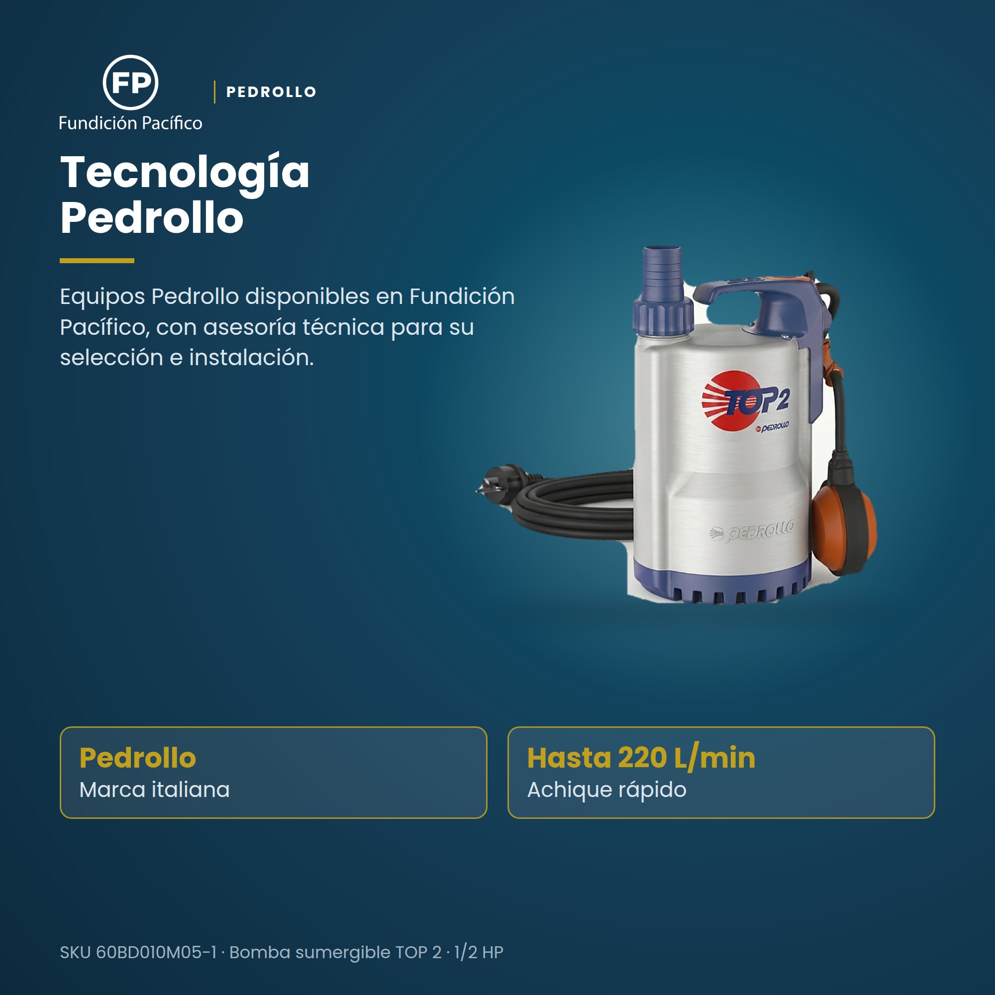 Bomba Sumergible Pedrollo TOP 2 de 1/2 HP para Agua Limpia y Drenaje Doméstico