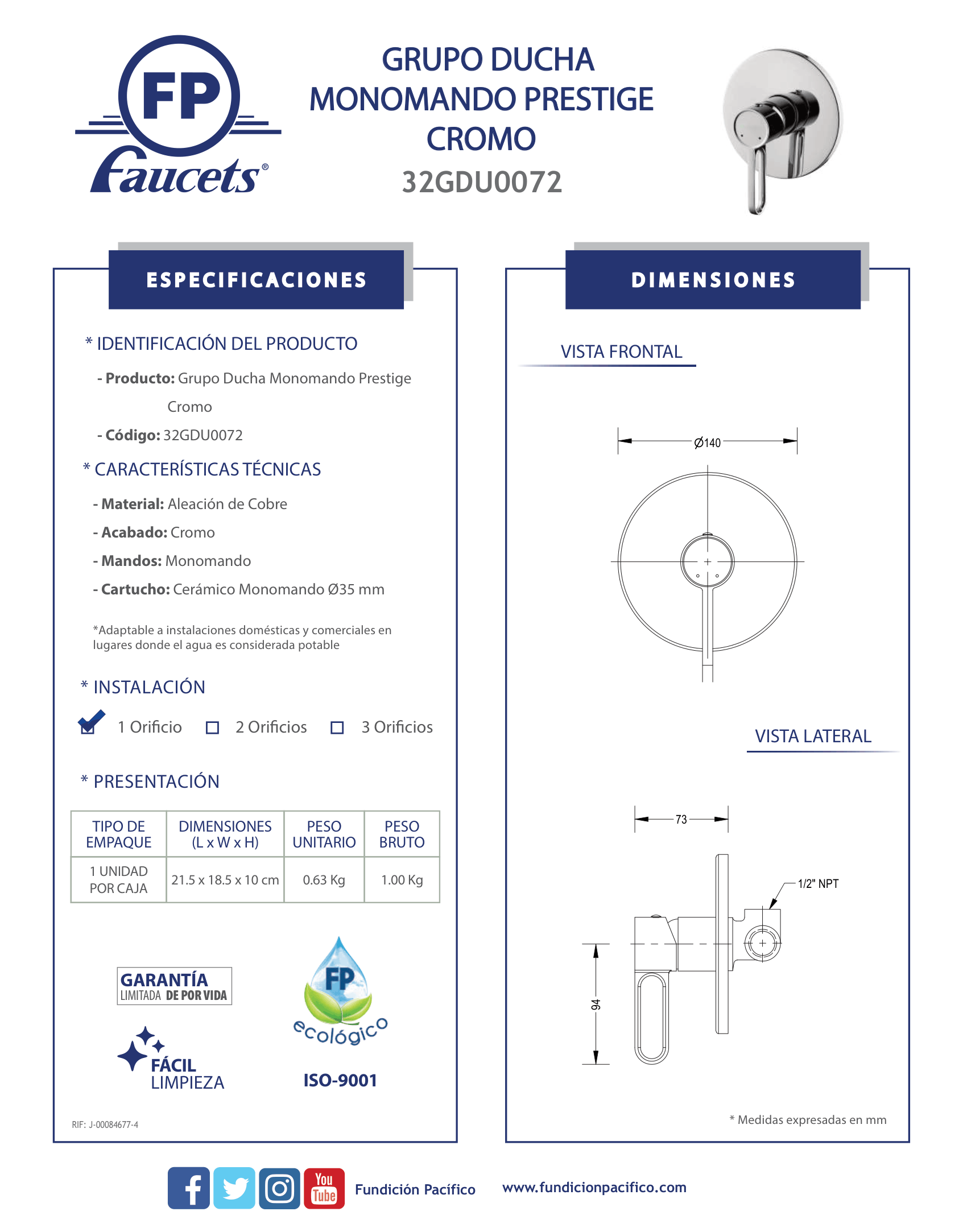 Grupo de Ducha Monomando Prestige Cromo para Baños