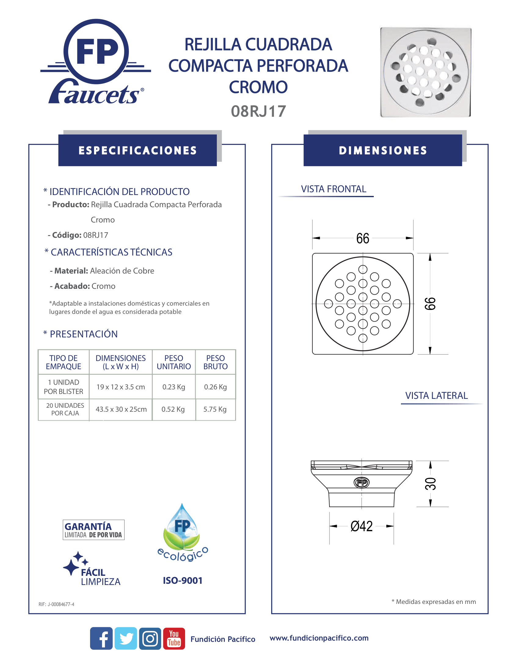 Rejilla Cuadrada Compacta Perforada Cromo 08RJ17