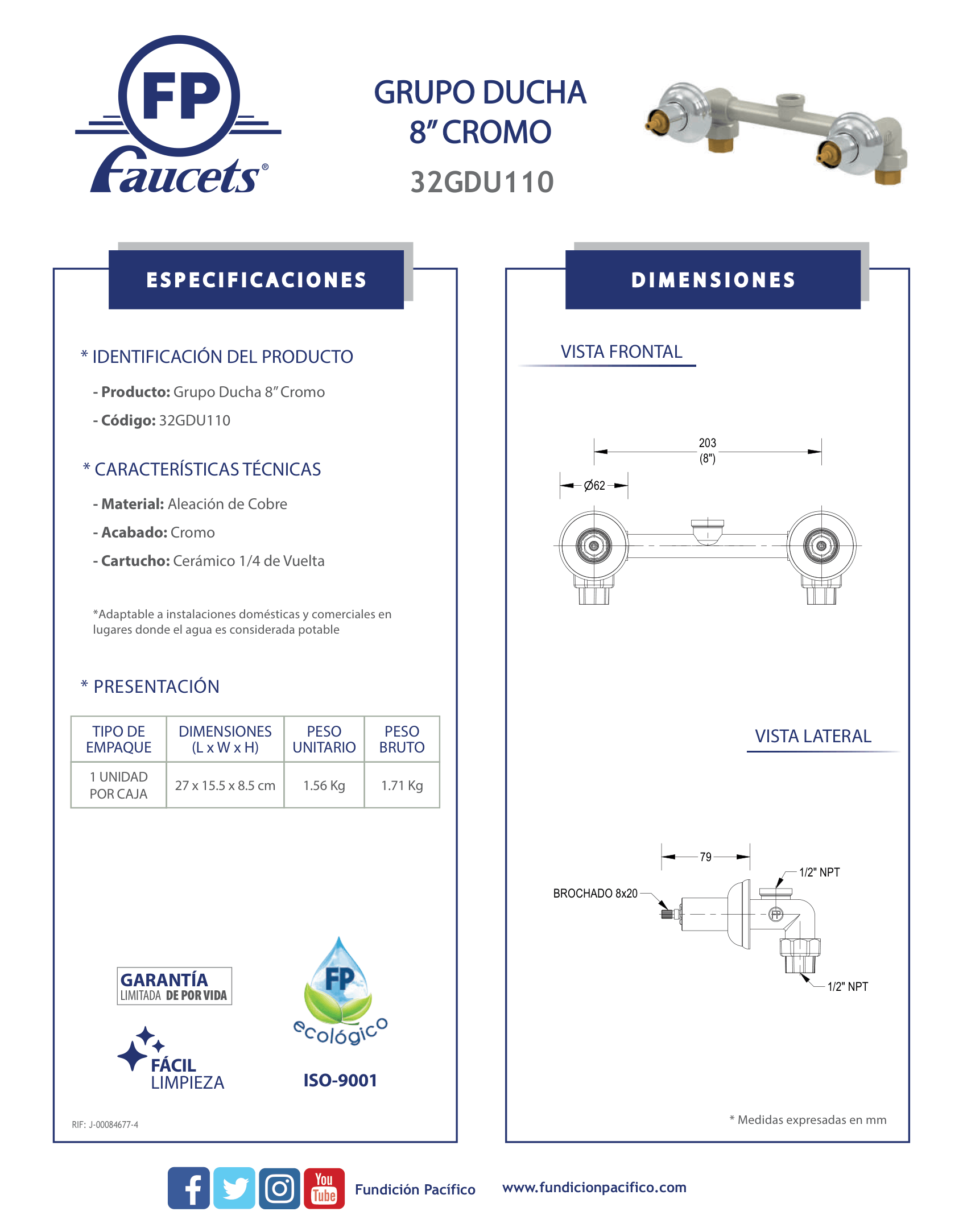 Grupo de Ducha Cromo de 8 Pulgadas para Instalaciones Domésticas y Comerciales