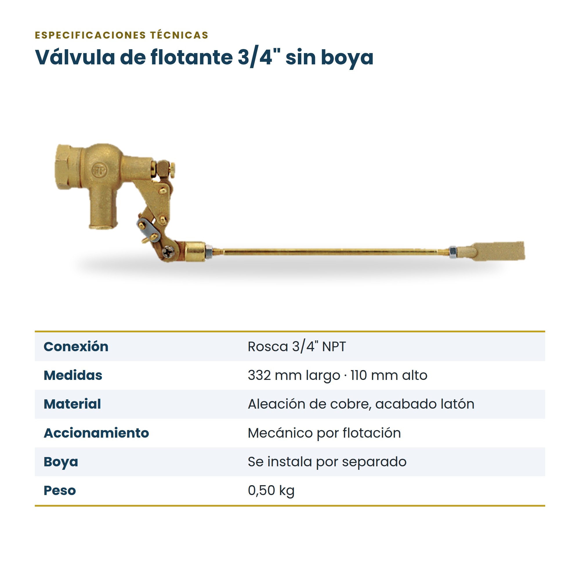 Válvula de flotante de 3/4 de pulgada para tanque sin boya de aleación de cobre y latón