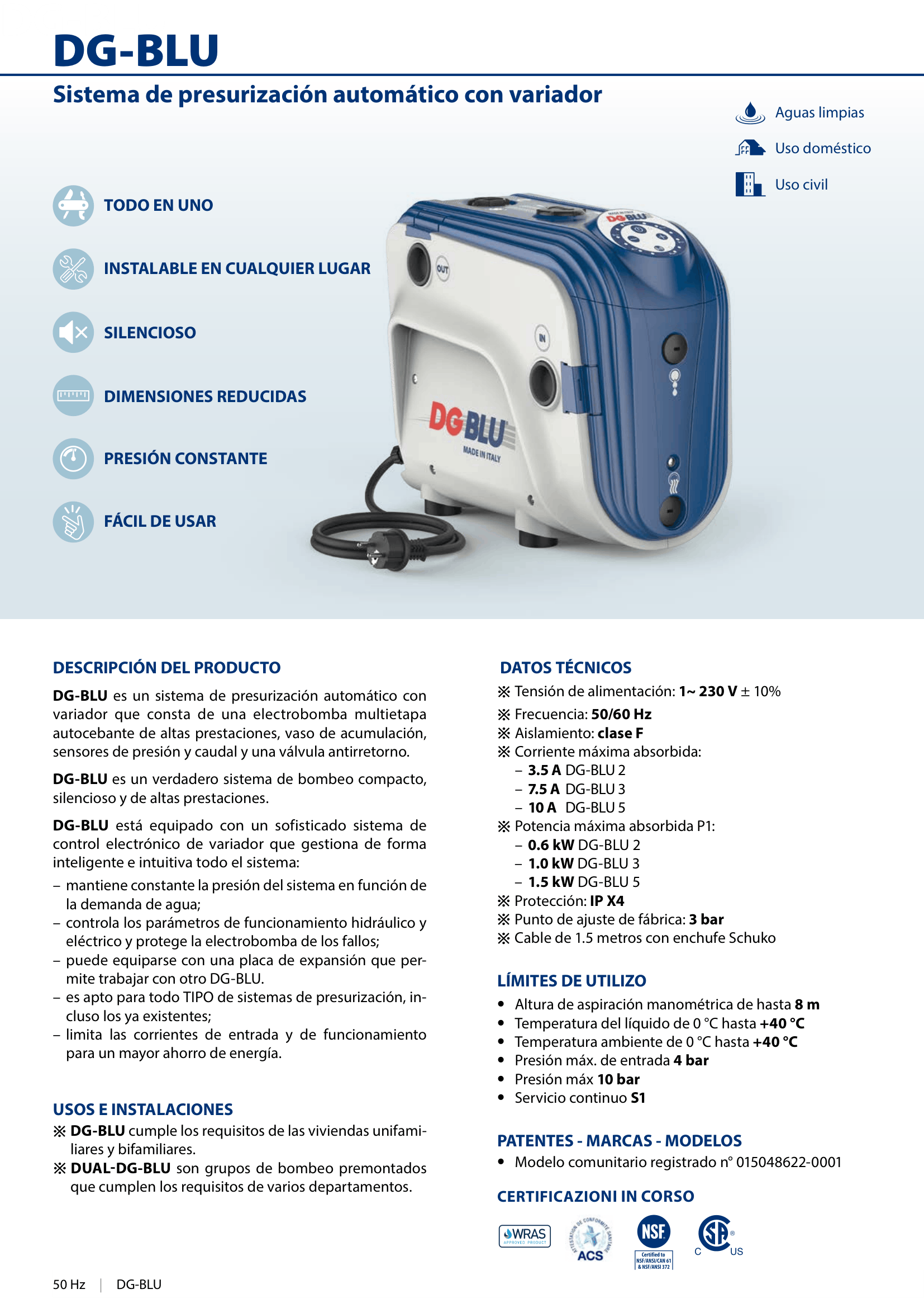 Bomba presurizadora de agua con variador 1.5 HP Pedrollo DG-BLU 5