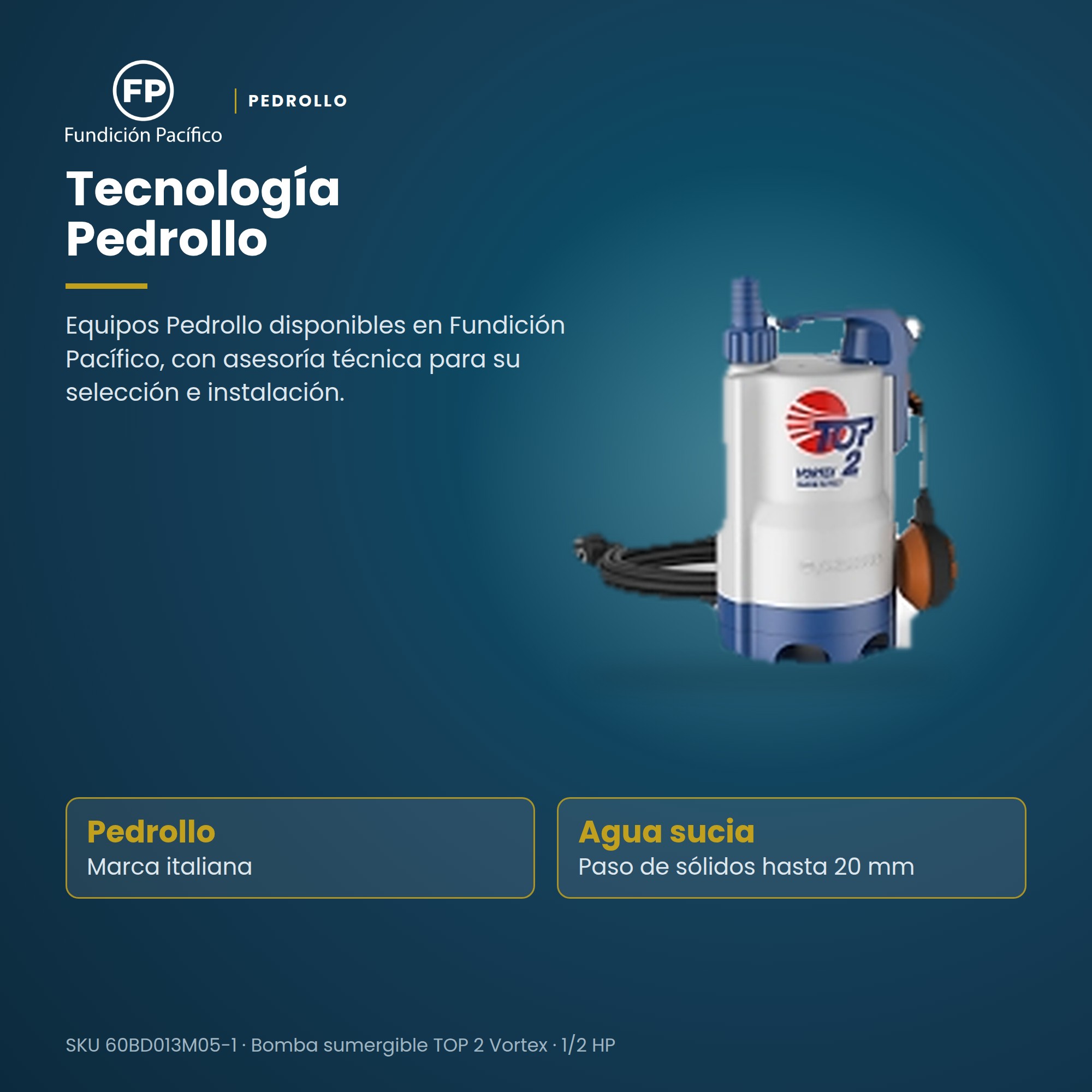 Bomba Sumergible TOP2 VTX (1/2HP) 110/60 Pedrollo para Agua Sucia y Desagüe