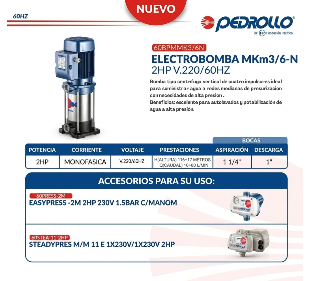 Electrobomba Pedrollo MKm3/6-N de 2HP: Solución de Alta Presión para Redes de Agua