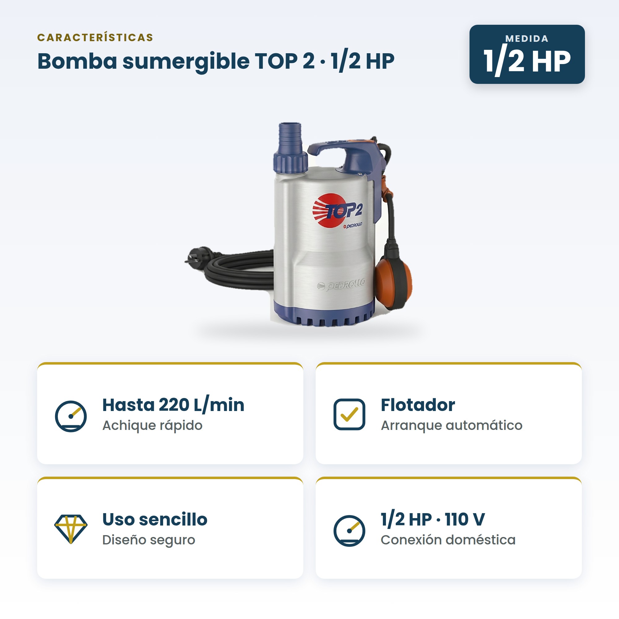 Bomba Sumergible Pedrollo TOP 2 de 1/2 HP para Agua Limpia y Drenaje Doméstico