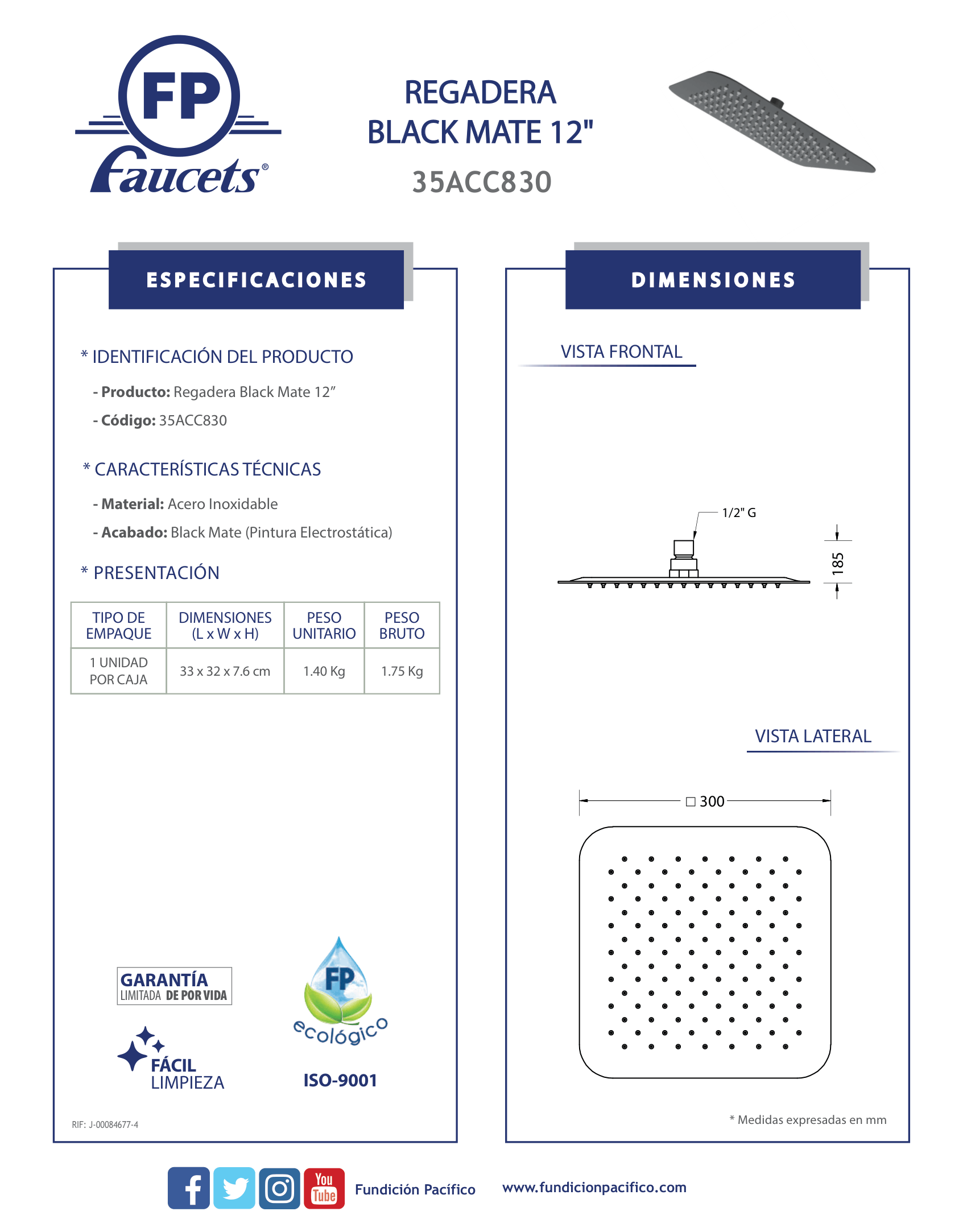 Regadera black mate de 12 pulgadas, estilo minimalista y experiencia de ducha relajante
