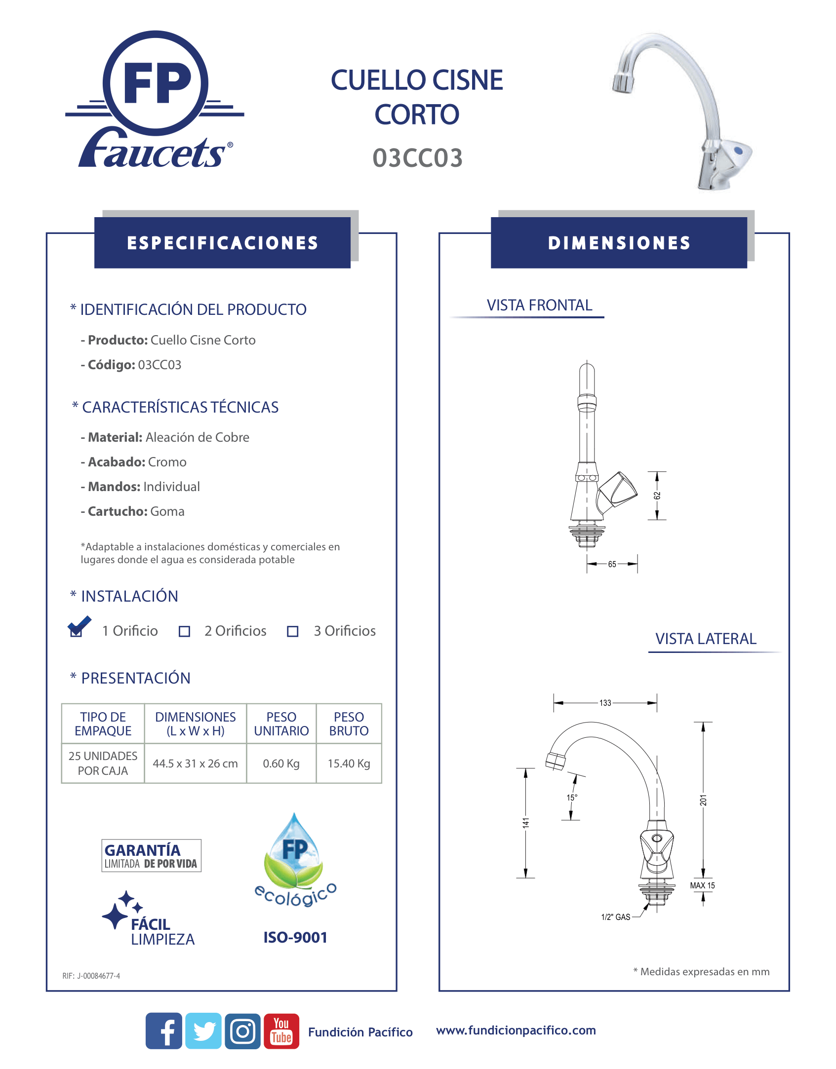 Llave de Cuello Cisne Corto para Lavaplatos y Fregaderos