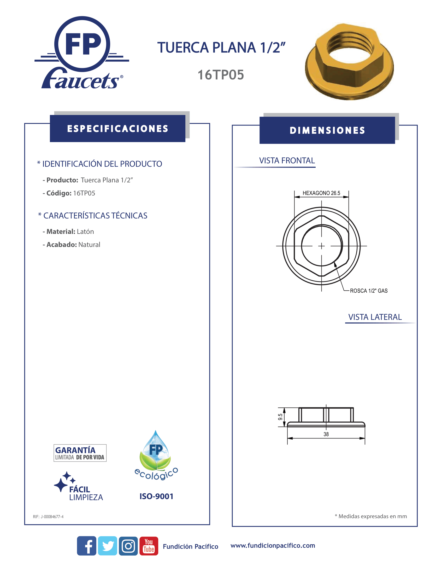 Tuerca Plana 1/2 Pulgada de Latón Natural Fundición Pacífico