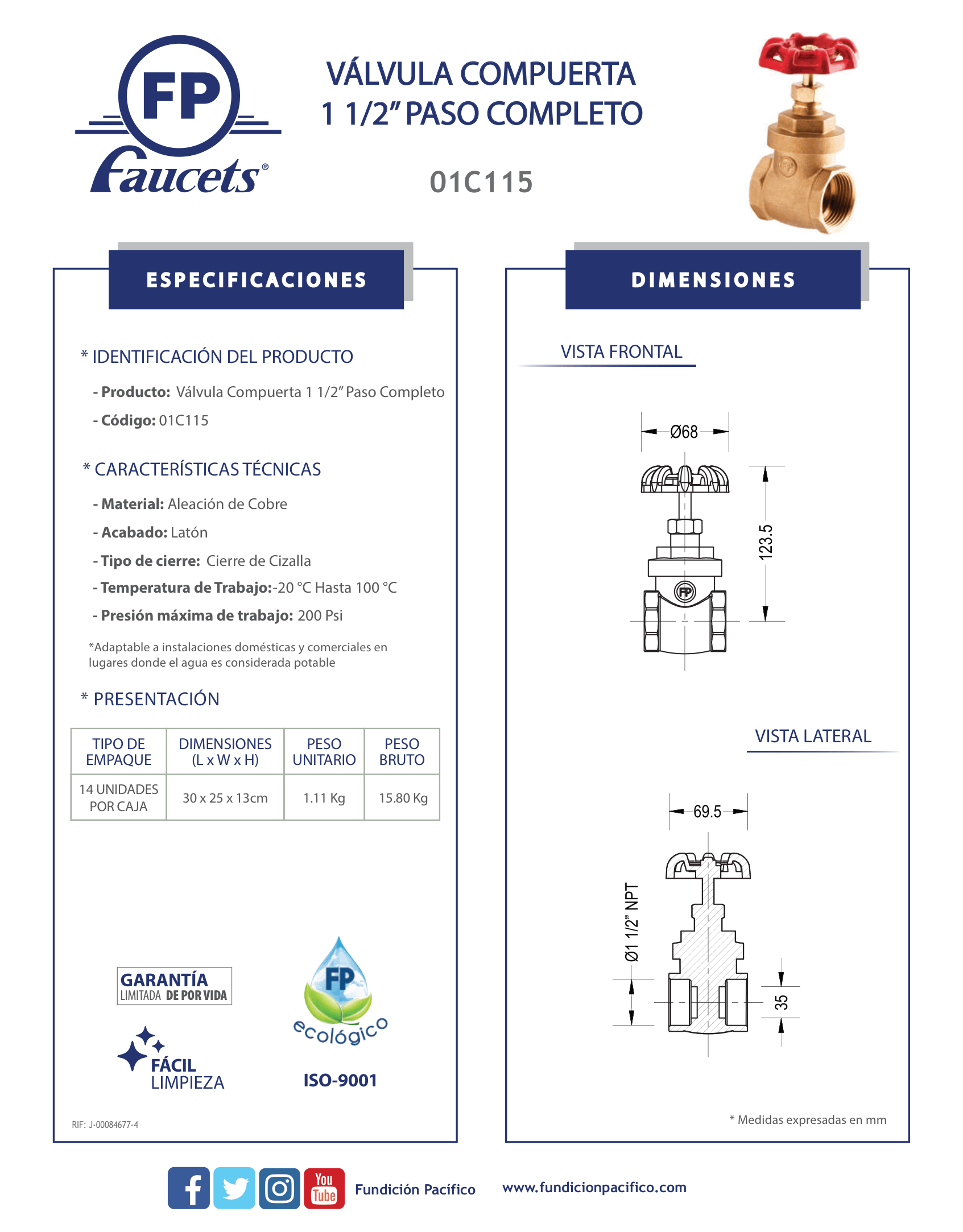 Válvula de compuerta 1 1/2 de paso completo para tuberías de agua potable