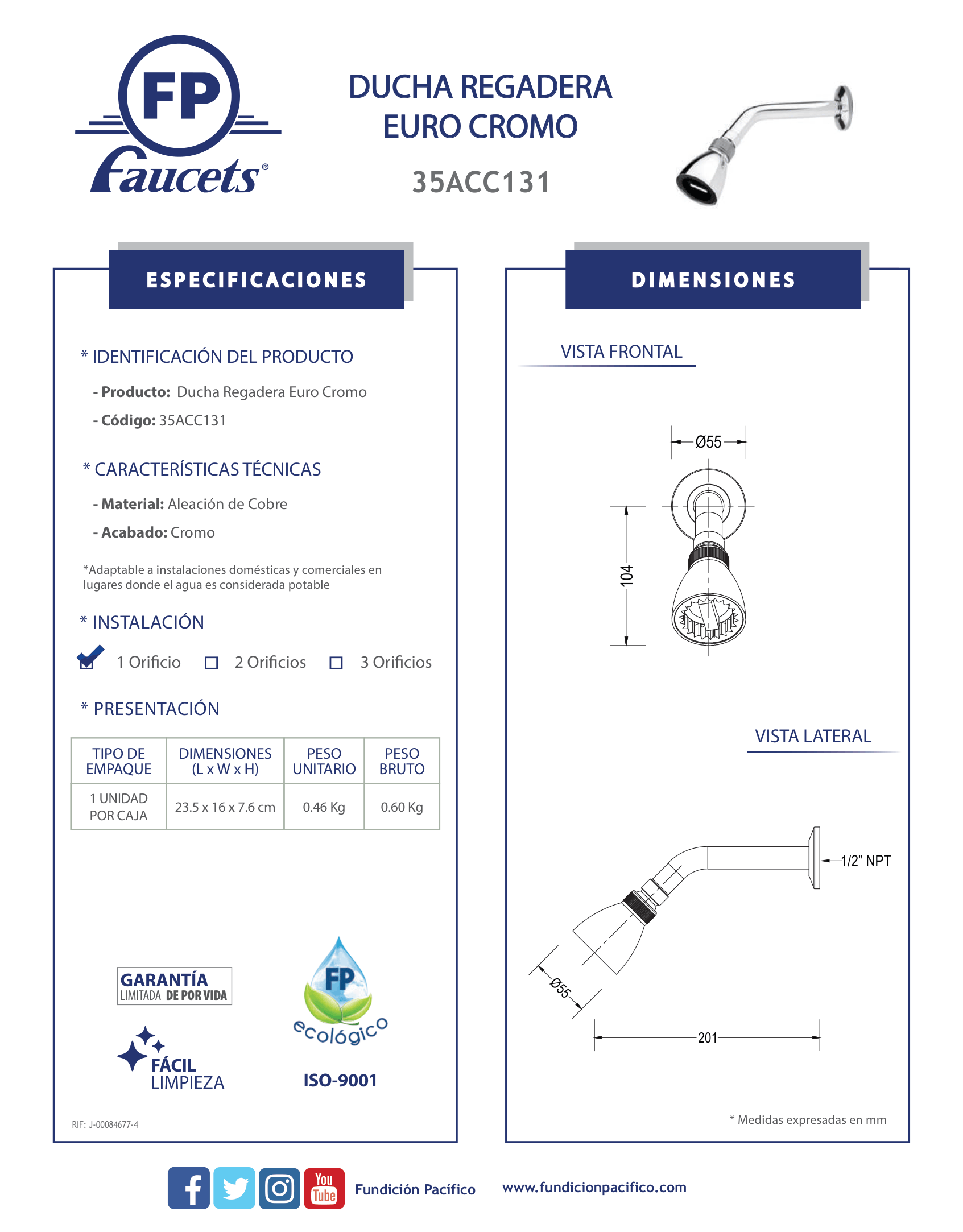 Ducha Regadera Euro Cromo para Baño Doméstico y Comercial