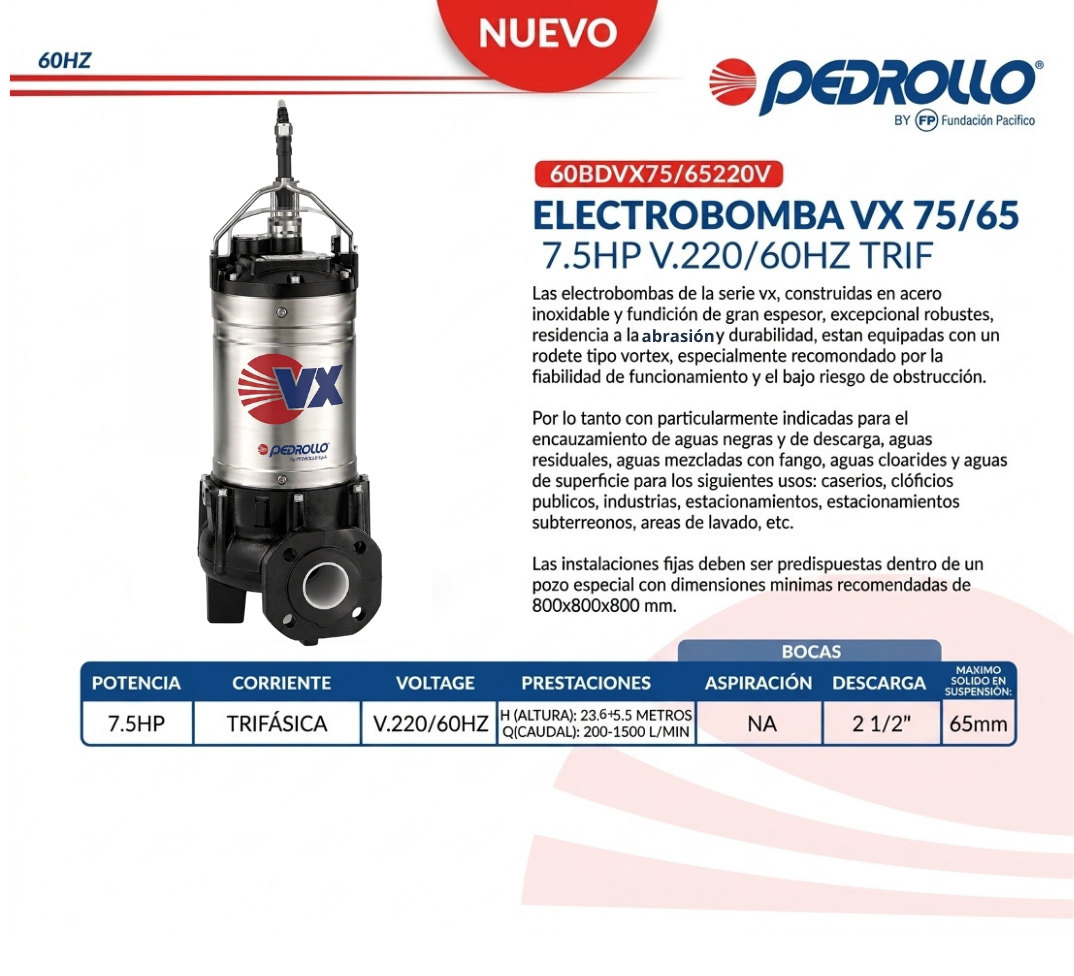 Electrobomba Sumergible Pedrollo VX 75/65 de 7.5 HP Trifásica