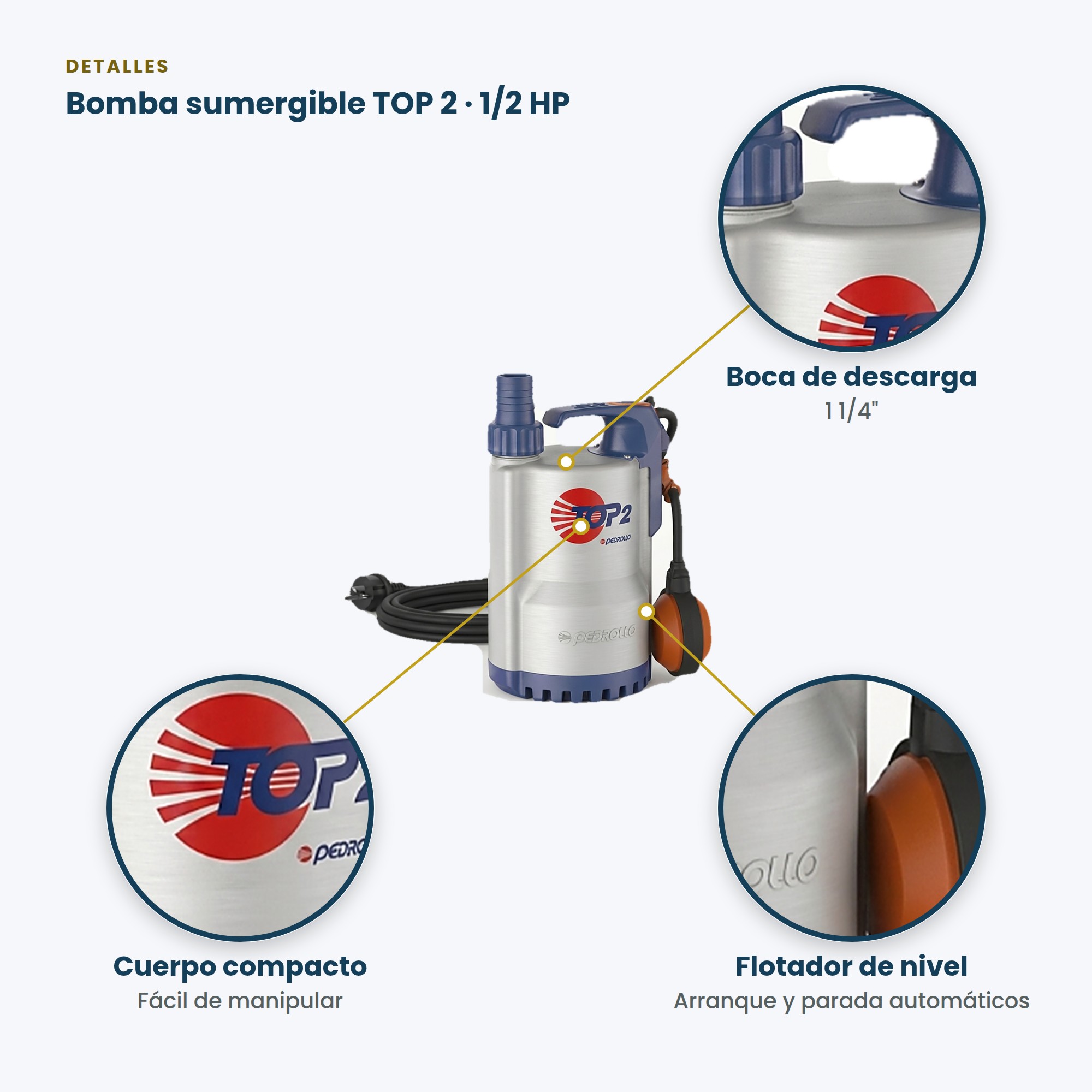 Bomba Sumergible Pedrollo TOP 2 de 1/2 HP para Agua Limpia y Drenaje Doméstico