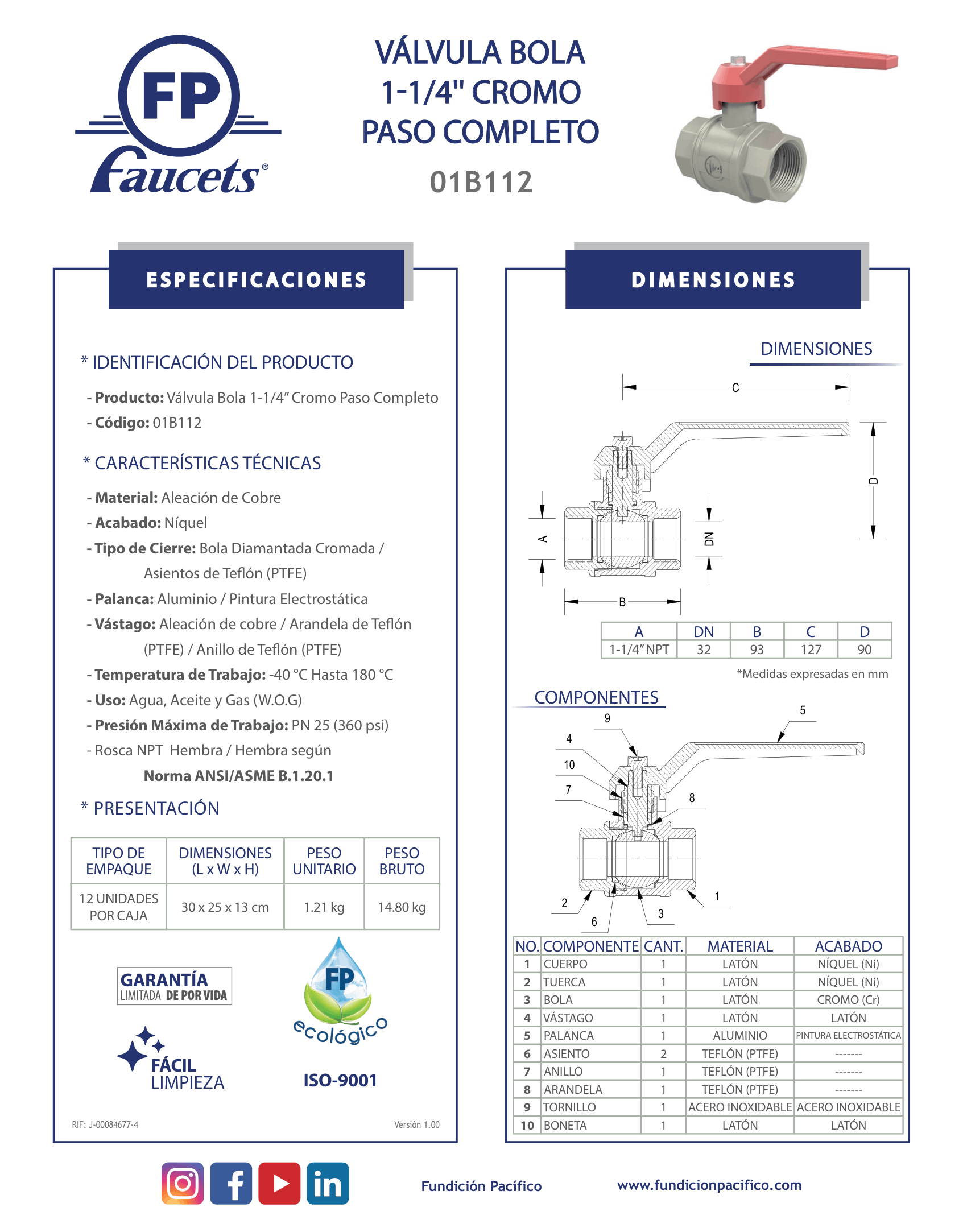 Válvula de Bola 1-1/4 Pulgadas Cromada de Paso Completo para Instalaciones de Alta Resistencia