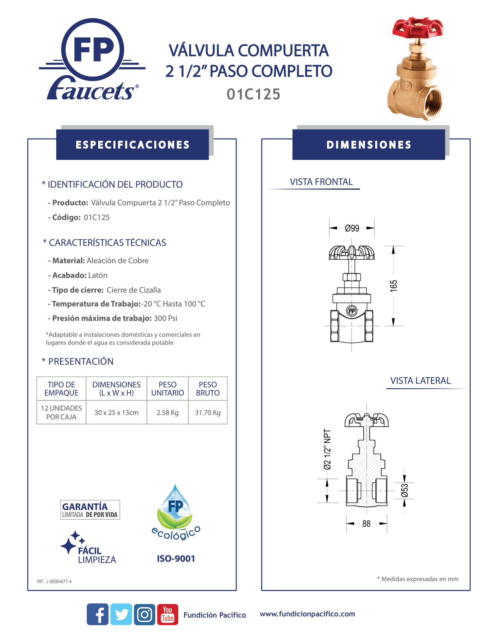 Válvula Compuerta 2 1/2 Pulgadas de Latón para Redes de Agua Potable