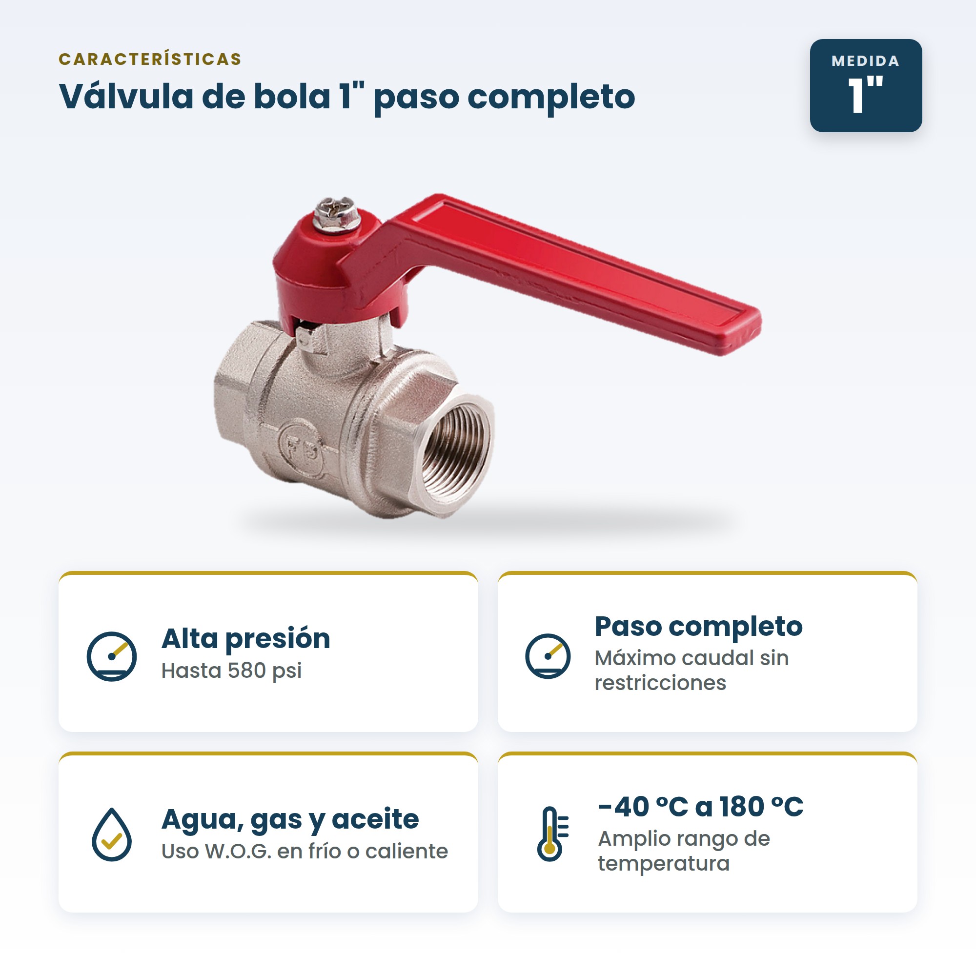 Válvula de bola de 1 pulgada en cromo con paso completo para agua, aceite y gas