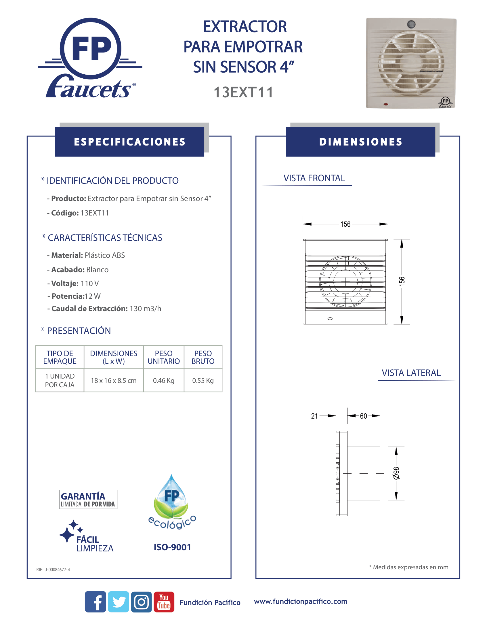 Extractor de Aire para Empotrar de 4 Pulgadas sin Sensor