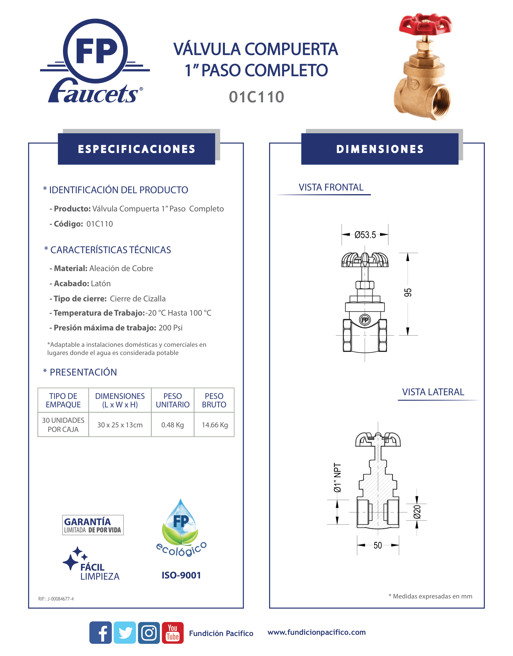 Válvula de compuerta de 1 pulgada para control de paso de agua