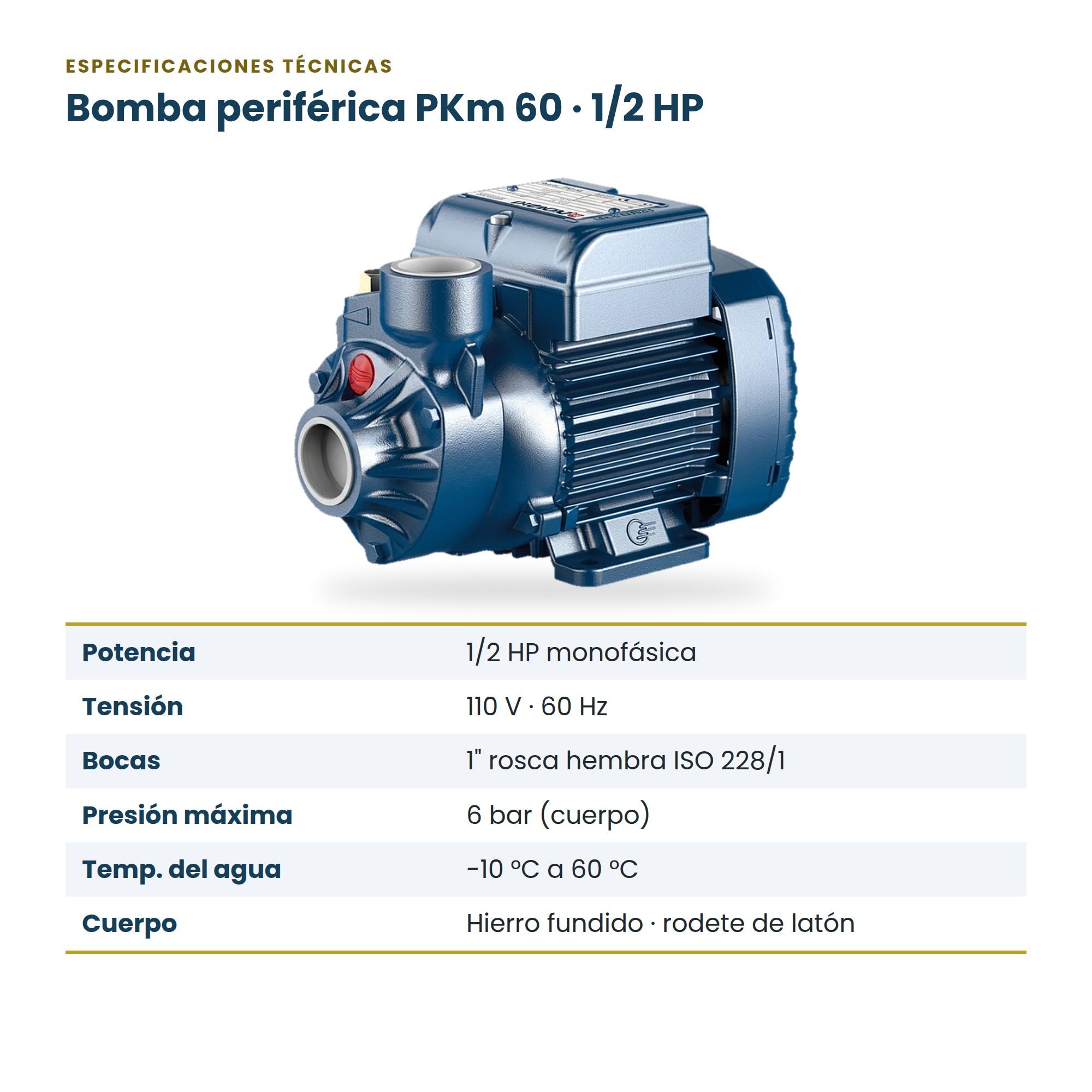 Bomba de Agua Doméstica Pedrollo PKm 60 de 1/2 HP (110V)