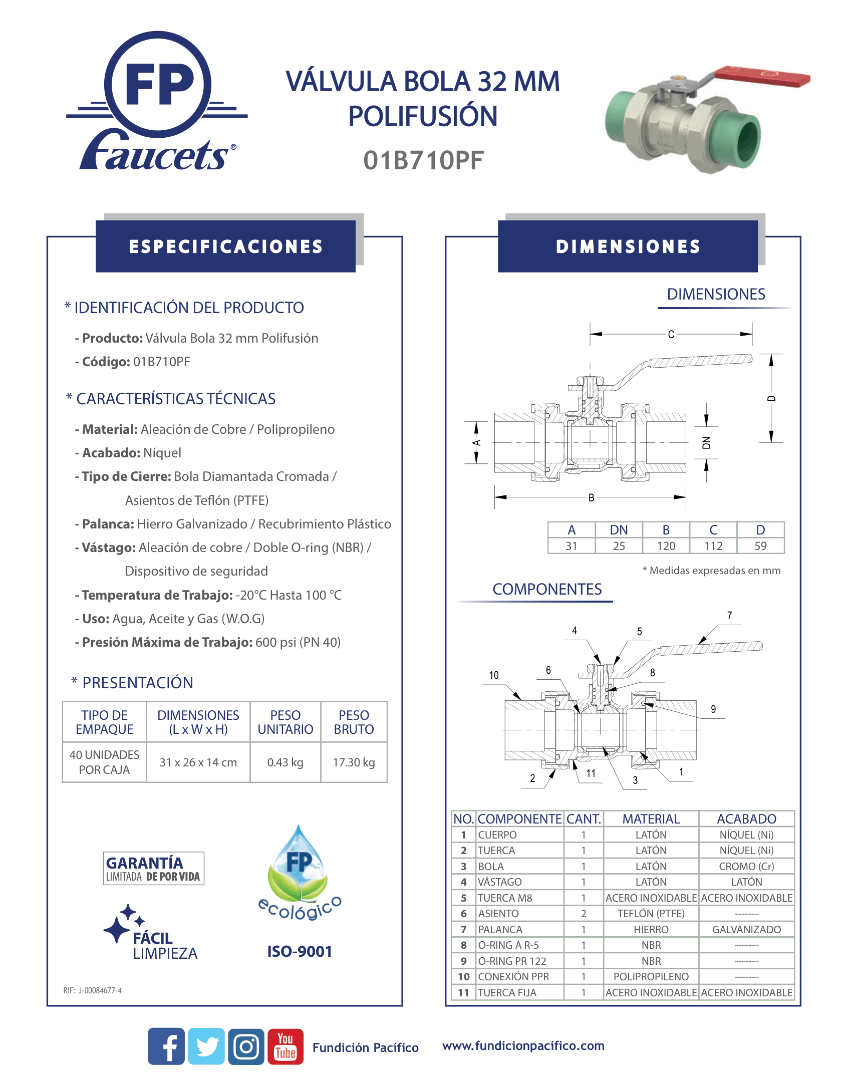Válvula de bola de 32 mm con sistema de polifusión para control de fluidos