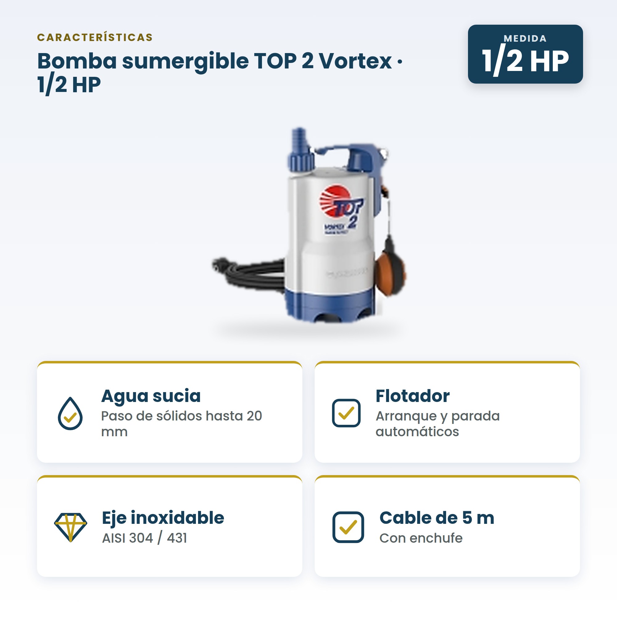 Bomba Sumergible TOP2 VTX (1/2HP) 110/60 Pedrollo para Agua Sucia y Desagüe