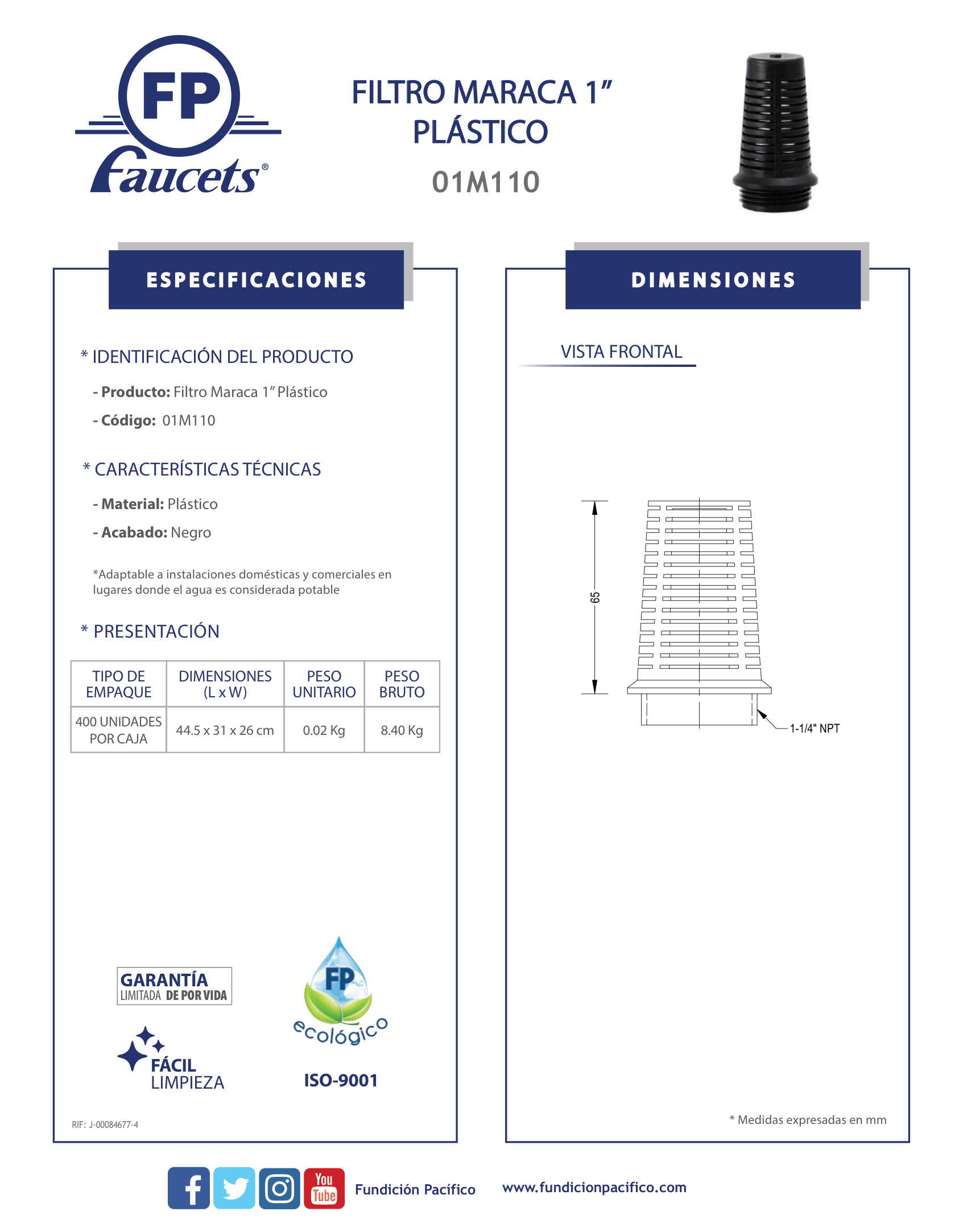 Filtro Maraca de Plástico de 1 Pulgada para Sistemas de Agua Potable