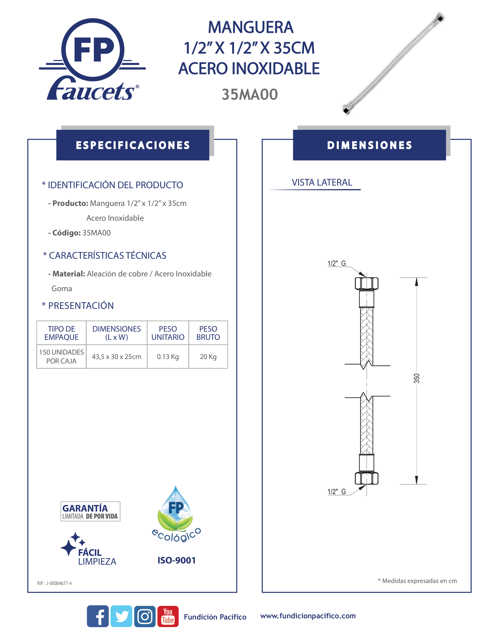 Manguera flexible de acero inoxidable de 1/2'' por 35 cm para conexiones sanitarias