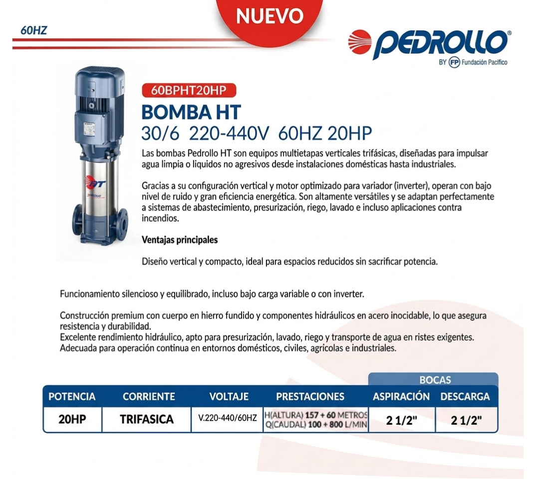 Bomba multietapas vertical Pedrollo HT 20 HP para presión y bombeo continuo de agua